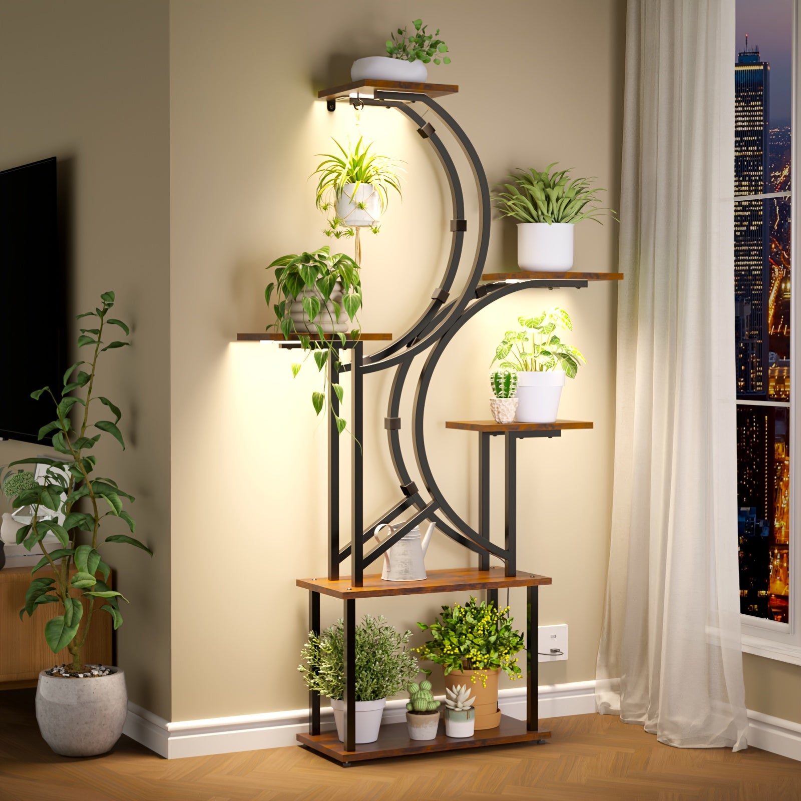 Indoor Plant Stand with Grow Light, 6/7-Tier Multi-layer Large Polygonal Metal Curved Display Shelf, Ideal for Balcony, Home Decor and Christmas Decoration