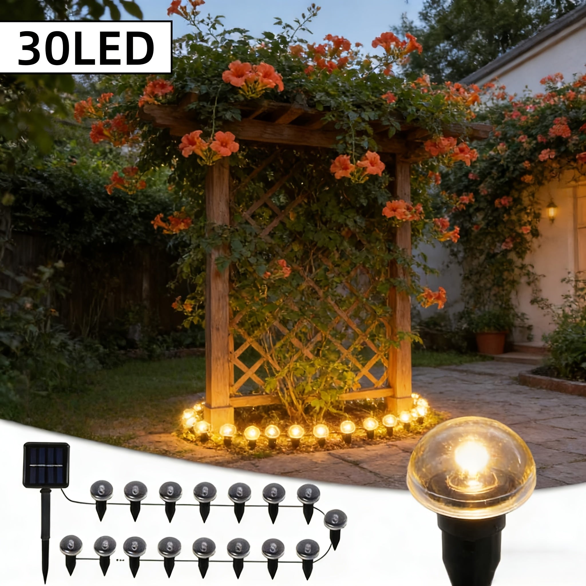 30 LED Outdoor Solar Lawn Light, IP44 Waterproof Ground Insert Lamp, String Lights for Garden Path, Patio, Lawn, Camping, Party, Wedding, Festival Decoration
