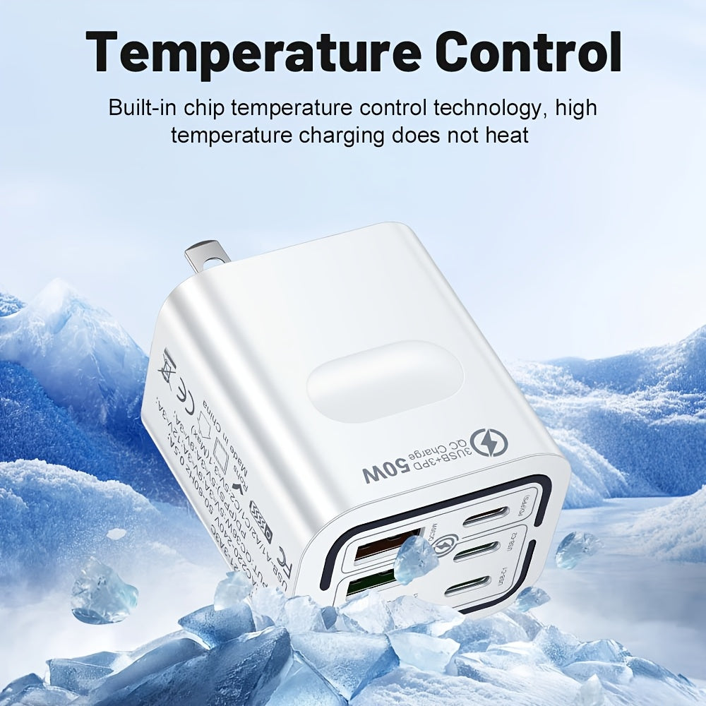 50W Type-C Fast Charging Mobile Phone Charger with C-C Cable | 6-Port PD USB C + QC 3.0 Multi-Port Wall-Mounted Multi-Device Fast Charging Plug, Portable and Compact, Compatible with for iphone 17/16/15/14/13/12 Pro Max, iPad, Galaxy, Xiaomi