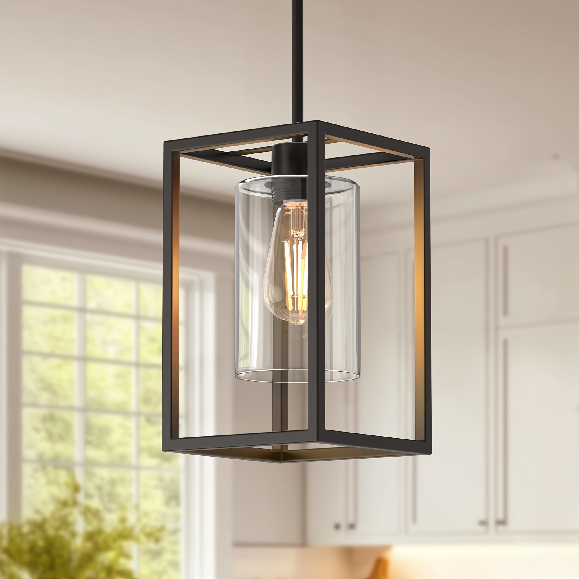 Vintage black industrial pendant light - single-head clear glass shade, durable metal construction, semi-flush mount kitchen dining room café home decoration, E26 bulb base (bulb not included), ambiance ceiling light | pendant light for dining room