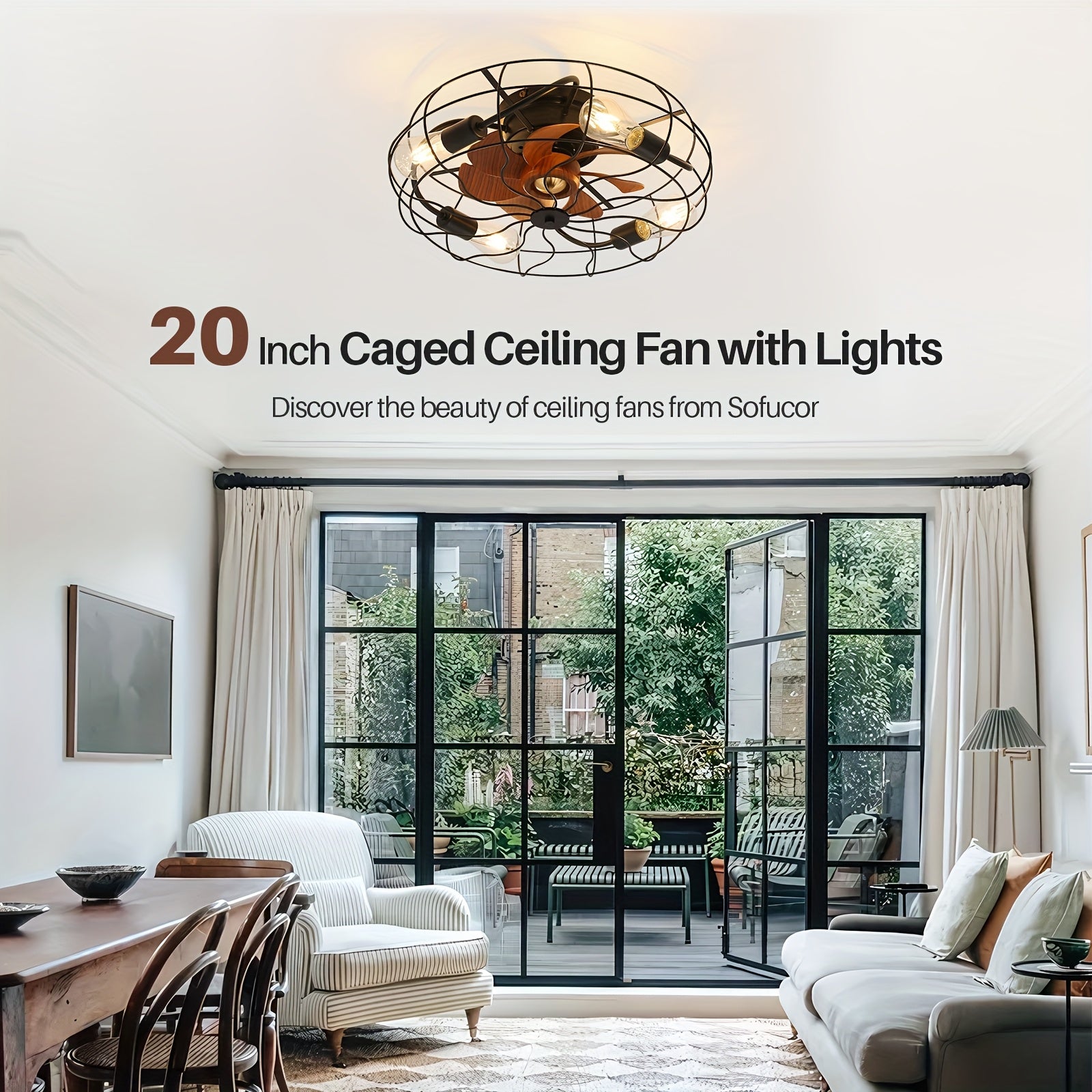 Sofucor 20" Industrial Black Recessed Cage Ceiling Fan, Indoor & Outdoor Use, Equipped with 7 ABS Blades and 4 E26 Bulb Sockets, Ideal for Living Rooms, Patios & Bedrooms