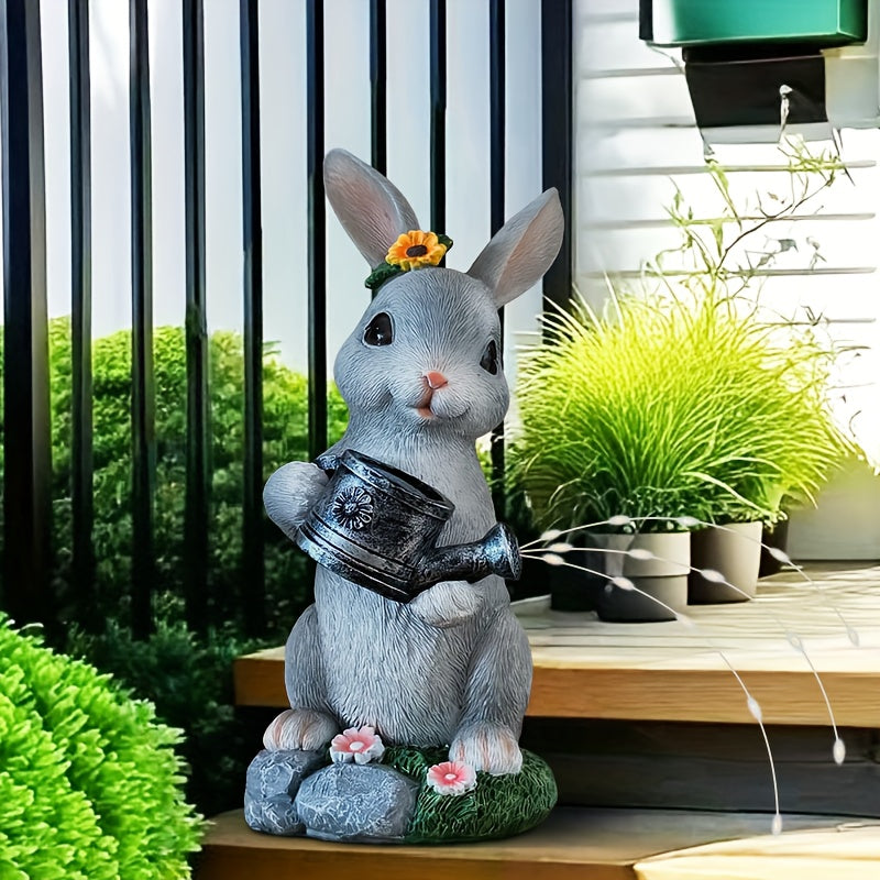 Easter Decoration, Solar Gray Rabbit Holding Watering Can Statue, Animal Theme Sculpture Resin Ornament, Courtyard, Lawn, Garden, Patio Decoration, Rabbit Statue, Christmas, Thanksgiving, Valentine‘s Day Gift