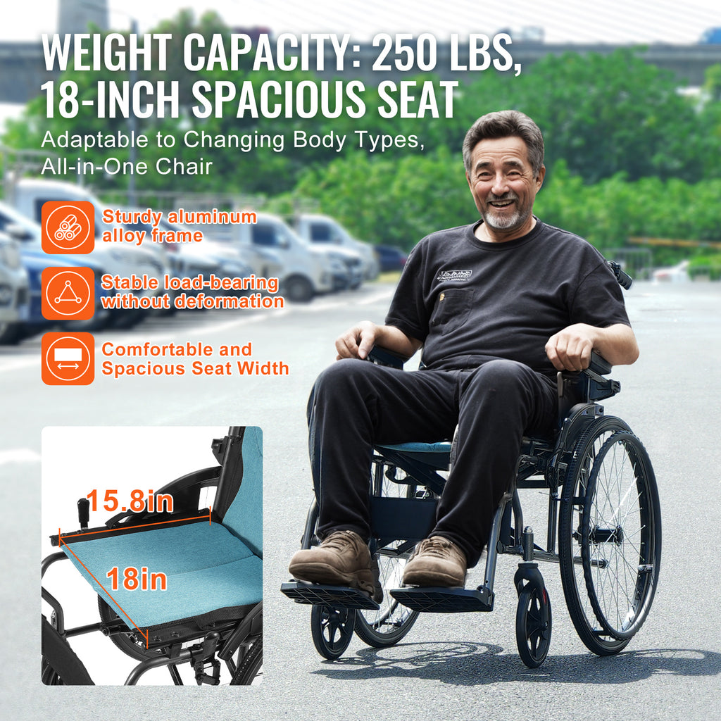 VEVOR 轮椅 铝合金 超轻型 18英寸宽座椅 250磅