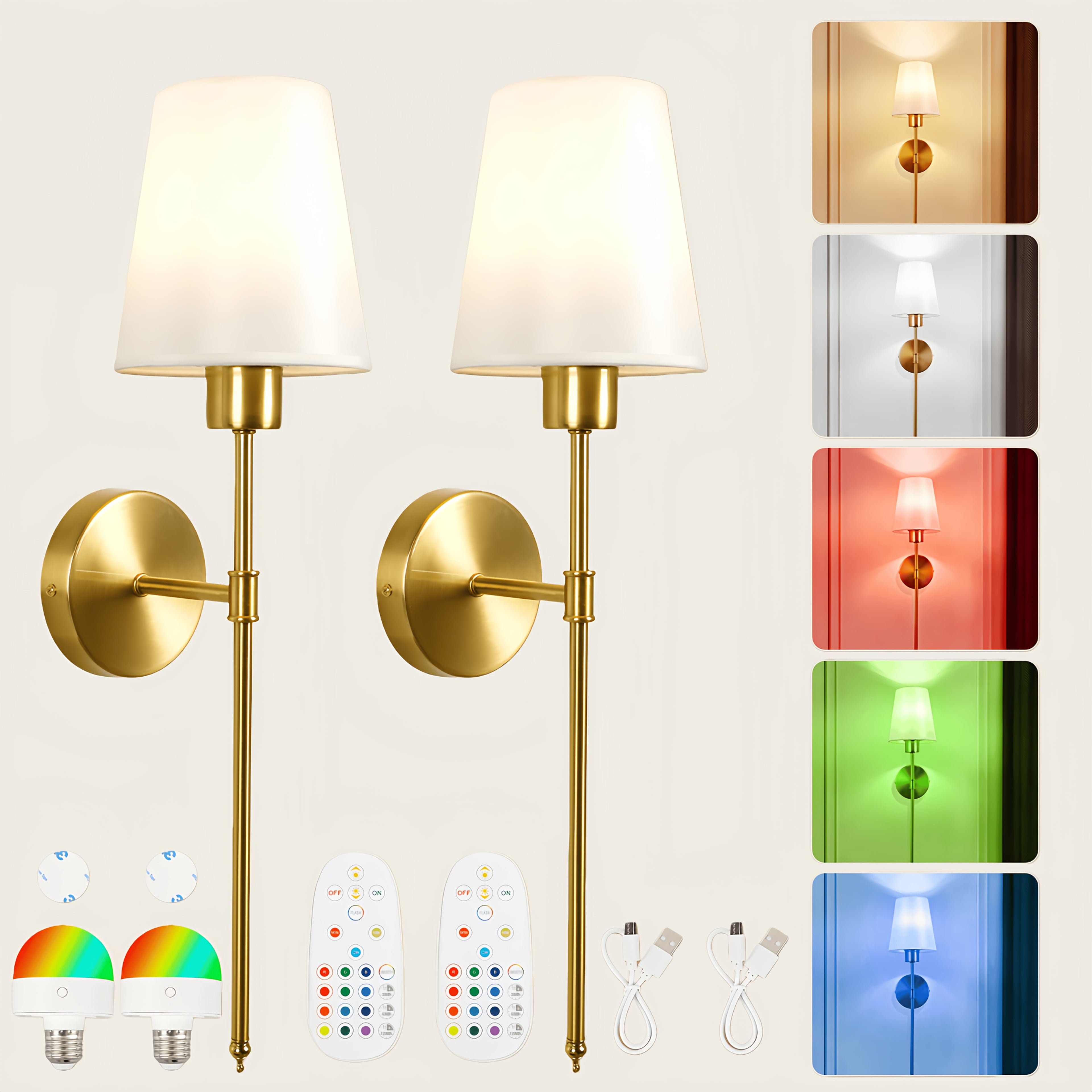 2 Sets Battery Operated Wall Light, 2-Piece Black Rechargeable Wall Light with Removable Remote Bulb, Supports RGB Colors and 3 Color Temperatures, Dimmable Wireless Wall Light for Bedroom
