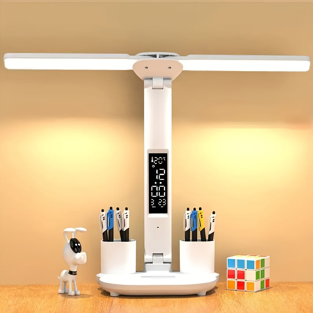 Folding Desk Lamp with Fan & Clock, USB Rechargeable