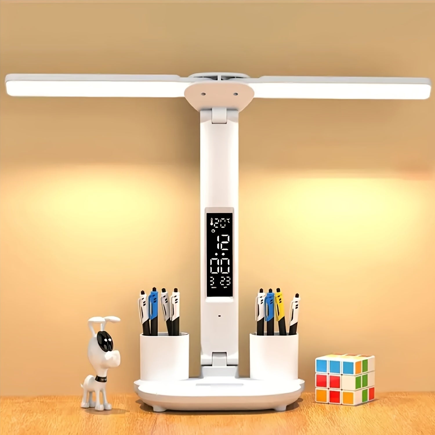 Folding Desk Lamp with Fan & Clock, USB Rechargeable