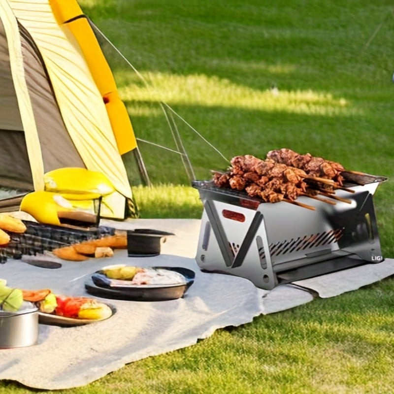 2-Piece Outdoor Foldable BBQ Grill, Stainless Steel Cassette Stove, Portable Charcoal Stove, Garden Party Camping Supplement. Includes 1 BBQ Grill + 1 Basting Brush/
