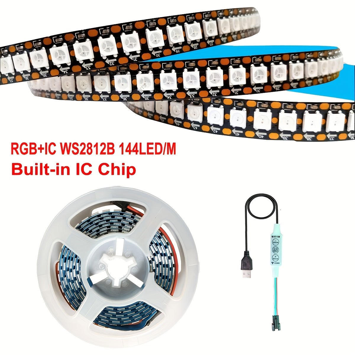 AOEVK WS2812B RGB LED 燈條，4.92 英尺變色，帶 3 鍵遙控器，USB 供電，144 個 LED/米，單獨可定址，內建 IC 晶片，適用於遊戲室、家庭劇院、派對裝飾
