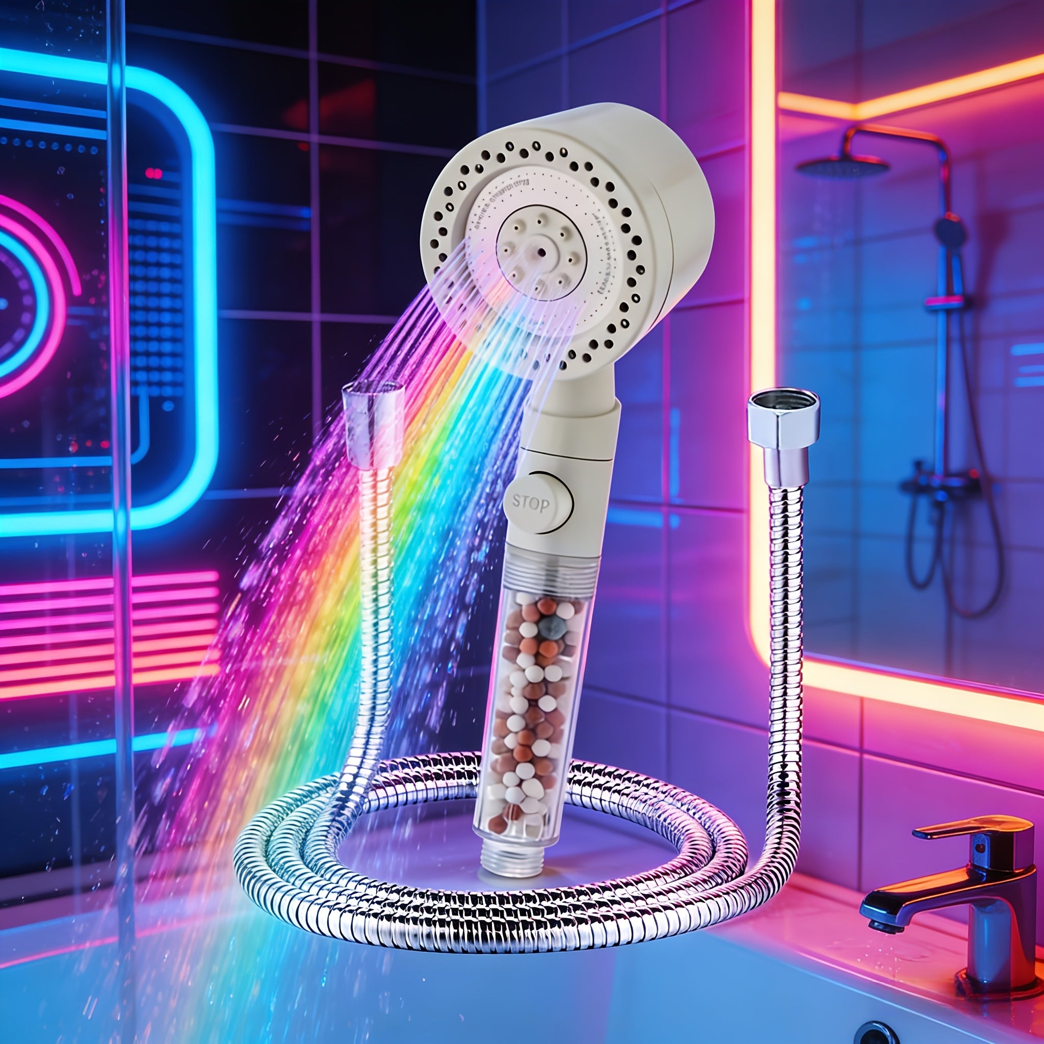 German Quality Handheld Shower Head - High Pressure Cream White, 5 Spray Modes, Built-in Filter Beads, Polished Finish, Luxury Bathroom Shower Accessory - For Shower Use Only
