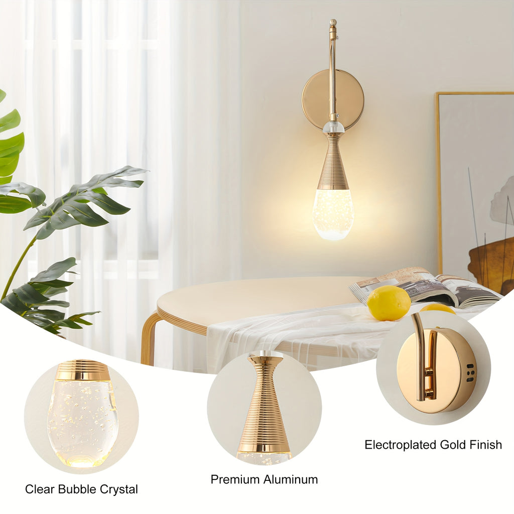 Ganeed Modern Crystal Bubble Wall Light - 7W Dimmable LED Wall Lamp, Polished Metal Surface, Semi-Flush Mount Installation, Suitable for Bedroom, Bathroom, Living Room, Hallway, Stairs - Gold, Hardwired, 110-240V