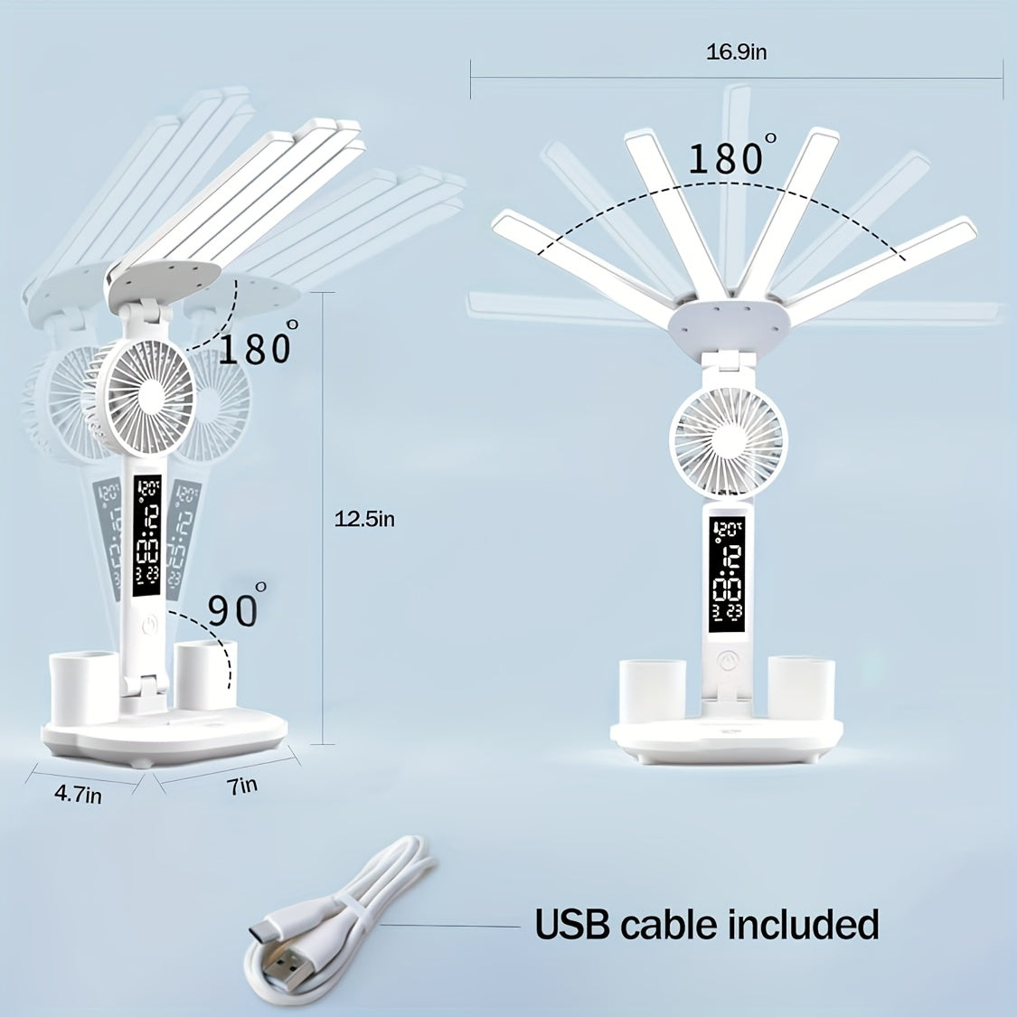 Folding Desk Lamp with Fan & Clock, USB Rechargeable