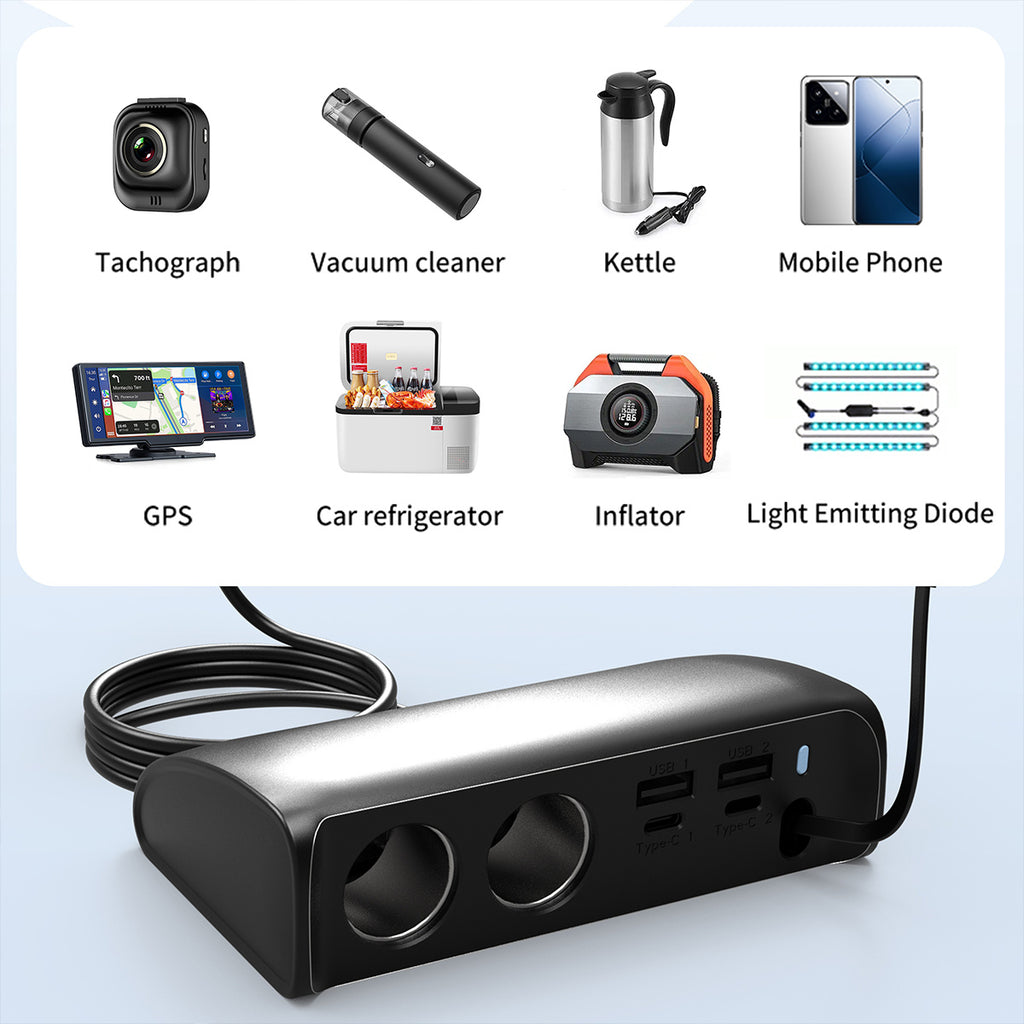 Car charger plug Equipped with Dual USB QC3.0 and Dual Type-C PD Fast Car Charger, Retractable PD 148W+ QC 3.0 Super Fast Charger, 5-in-1 Multi-function Car Charger, Stylish Glossy Finish