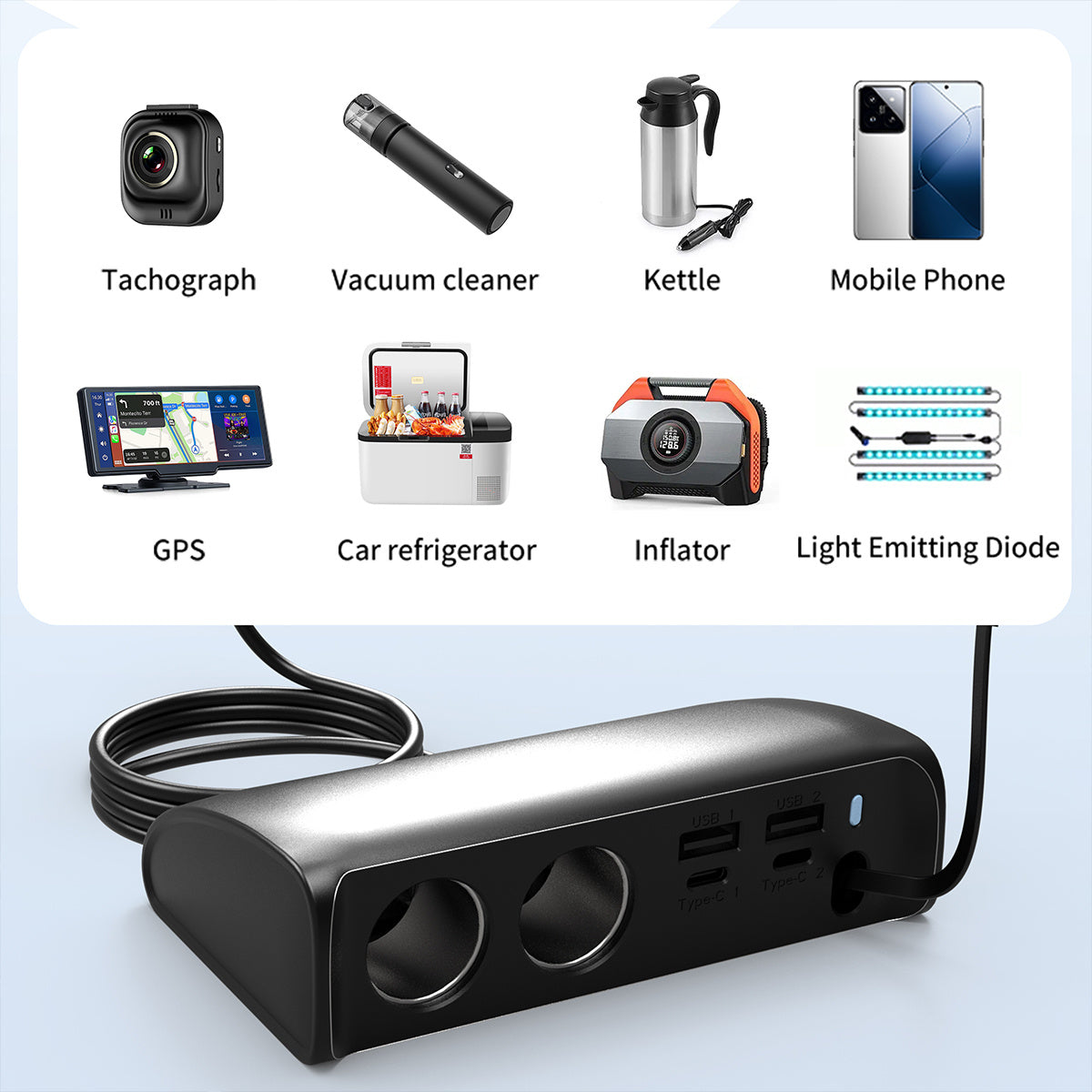 Car charger plug Equipped with Dual USB QC3.0 and Dual Type-C PD Fast Car Charger, Retractable PD 148W+ QC 3.0 Super Fast Charger, 5-in-1 Multi-function Car Charger, Stylish Glossy Finish