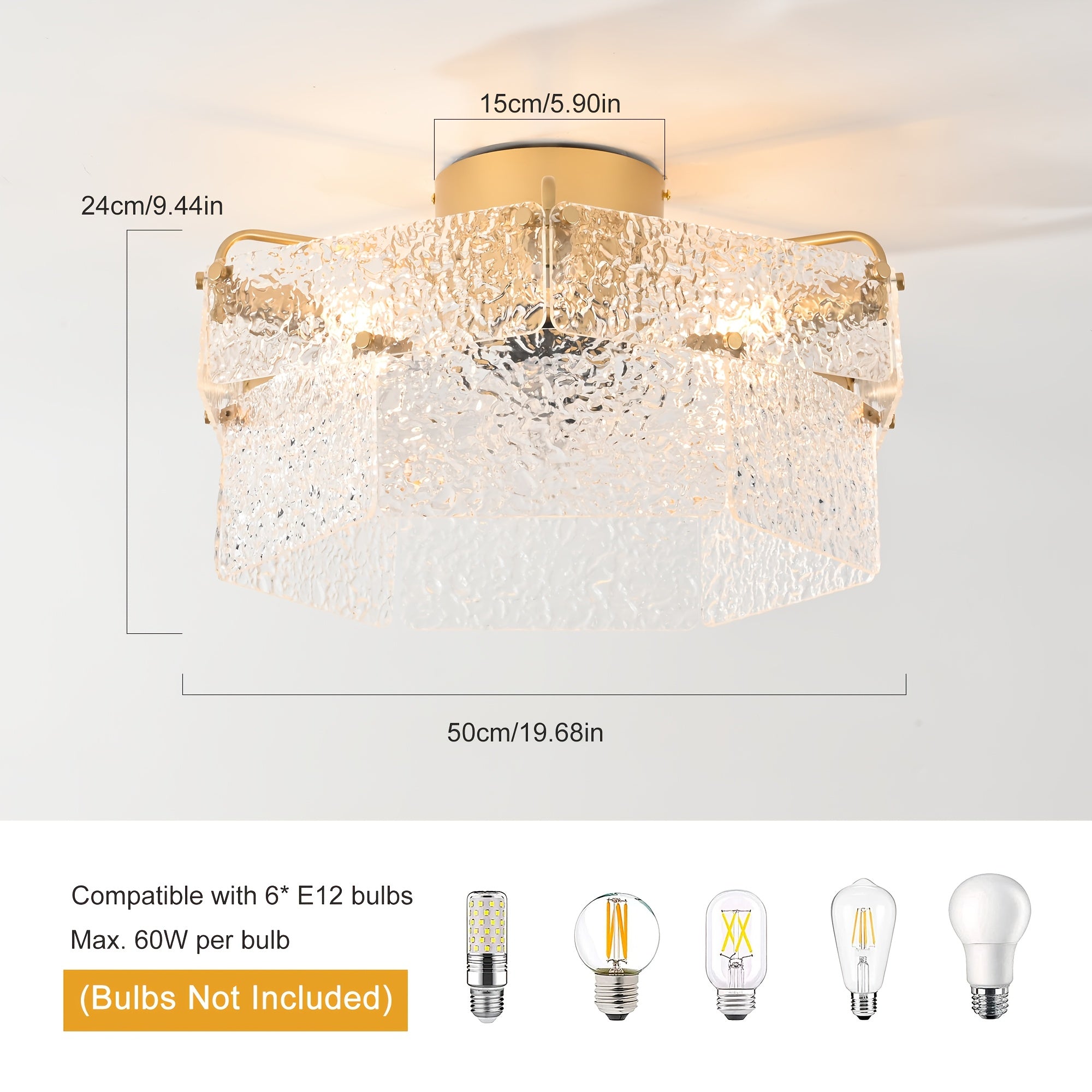 Ganeed Flush Mount Ceiling Fan with Light, 60W Gold Acrylic Ceiling Light, Retro Hallway Ceiling Lamp, Close-to-Ceiling Fixture for Kitchen Island Bedroom Dining Room, E12 Base