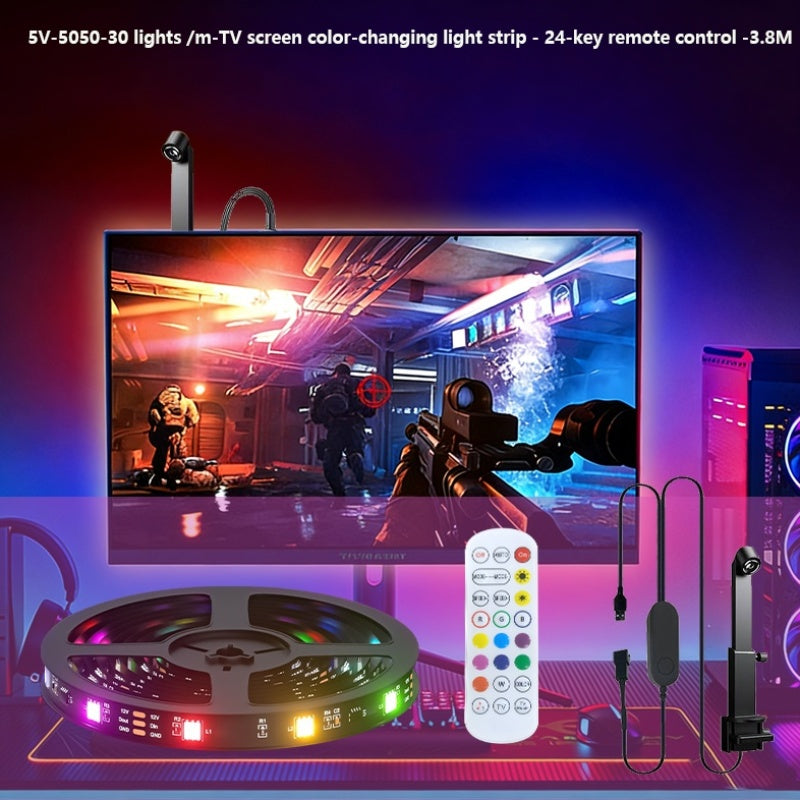 150inch USB智能LED灯带，带摄像头，适用于屏幕电视，电脑、大屏智能氛围灯带，舞台智能灯带，拾取屏幕色彩，LED条形灯与屏幕和音乐同步，遥控+线控