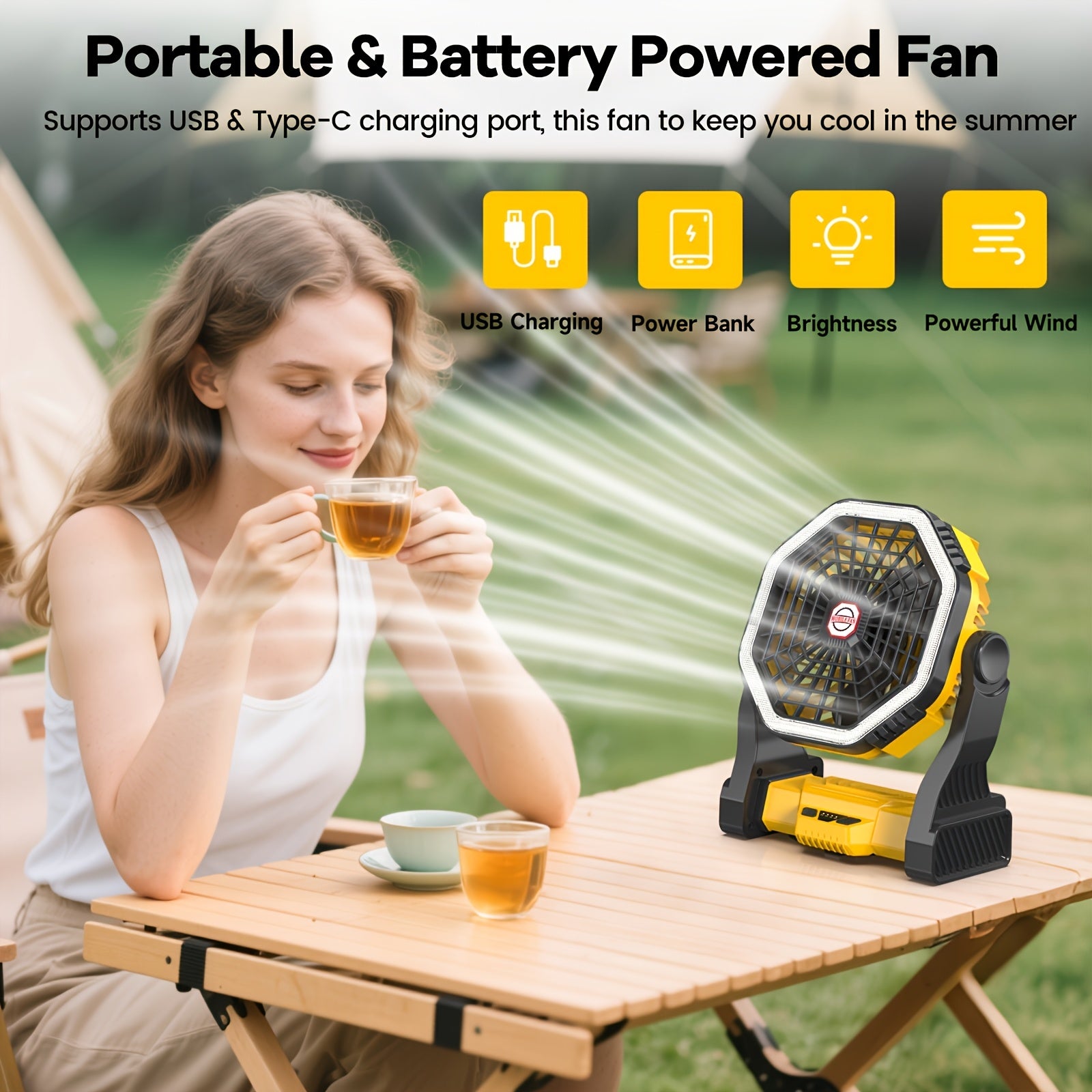 Portable Rechargeable Fan with Hook Handle, 4 Speed Levels, 3 Dimmable LED Light Modes, Ideal for Travel Bedroom Home Camping Office Beach Fishing, Rechargeable Convenient Cooling Fan for Outdoor Enthusiasts
