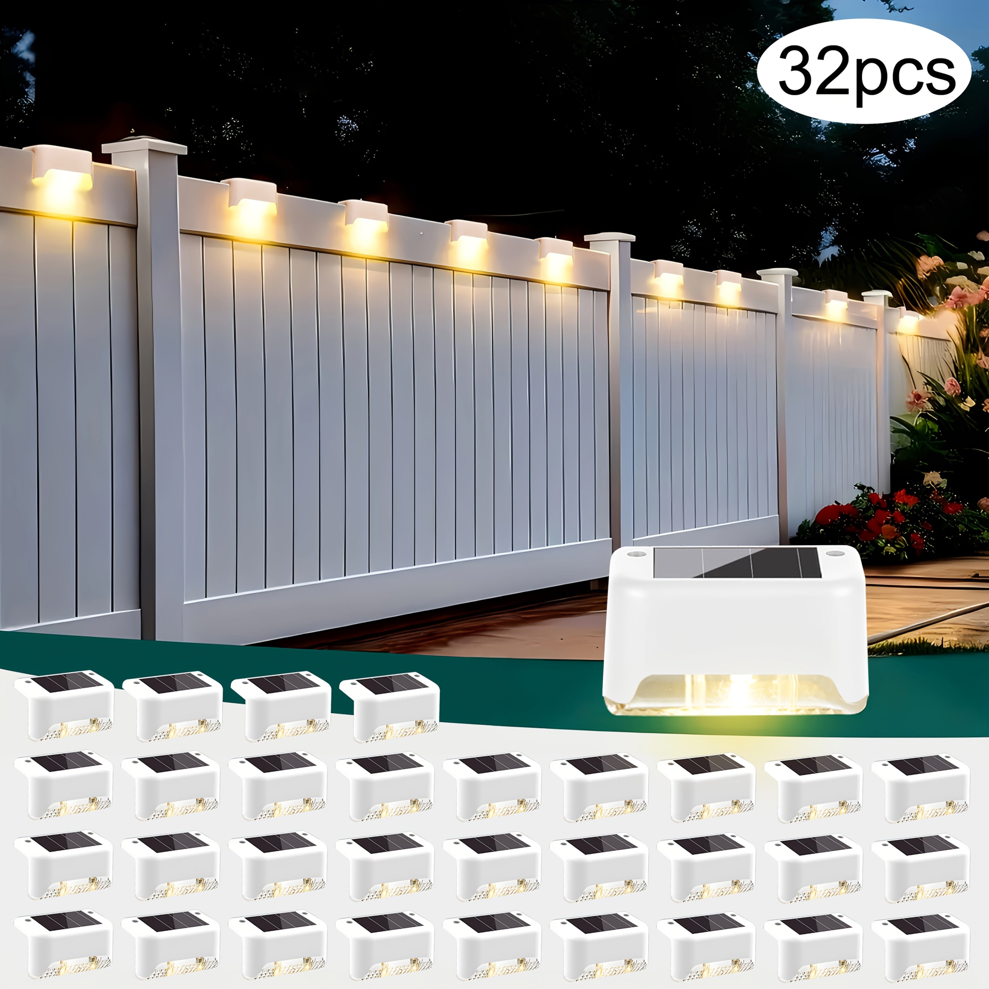 32/16/8 Pack Solar Outdoor Light, LED Solar Ground Insert Light, Solar Step Light, IP44 Waterproof, Courtyard Decorative Light, Solar Fence Light for Stairs, Steps, Railings, Courtyard, Patio and Walkways (Warm White)
