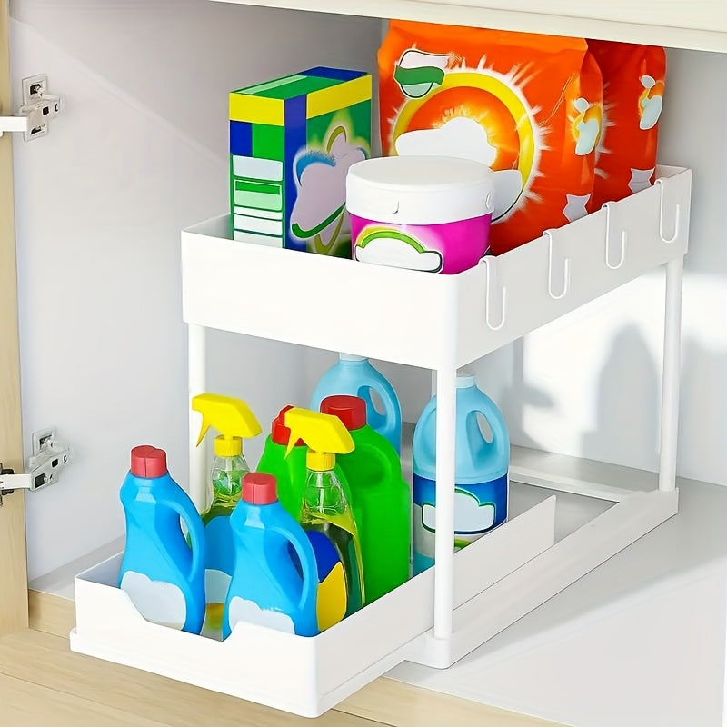 Multi-functional Pull-out Under Sink Organizer and Storage, Suitable for Bathroom & Kitchen, 2-Tier Sliding Cabinet Basket, Bathroom Cabinet Storage Box with Hooks, Storage Cup, Home Kitchen Accessories