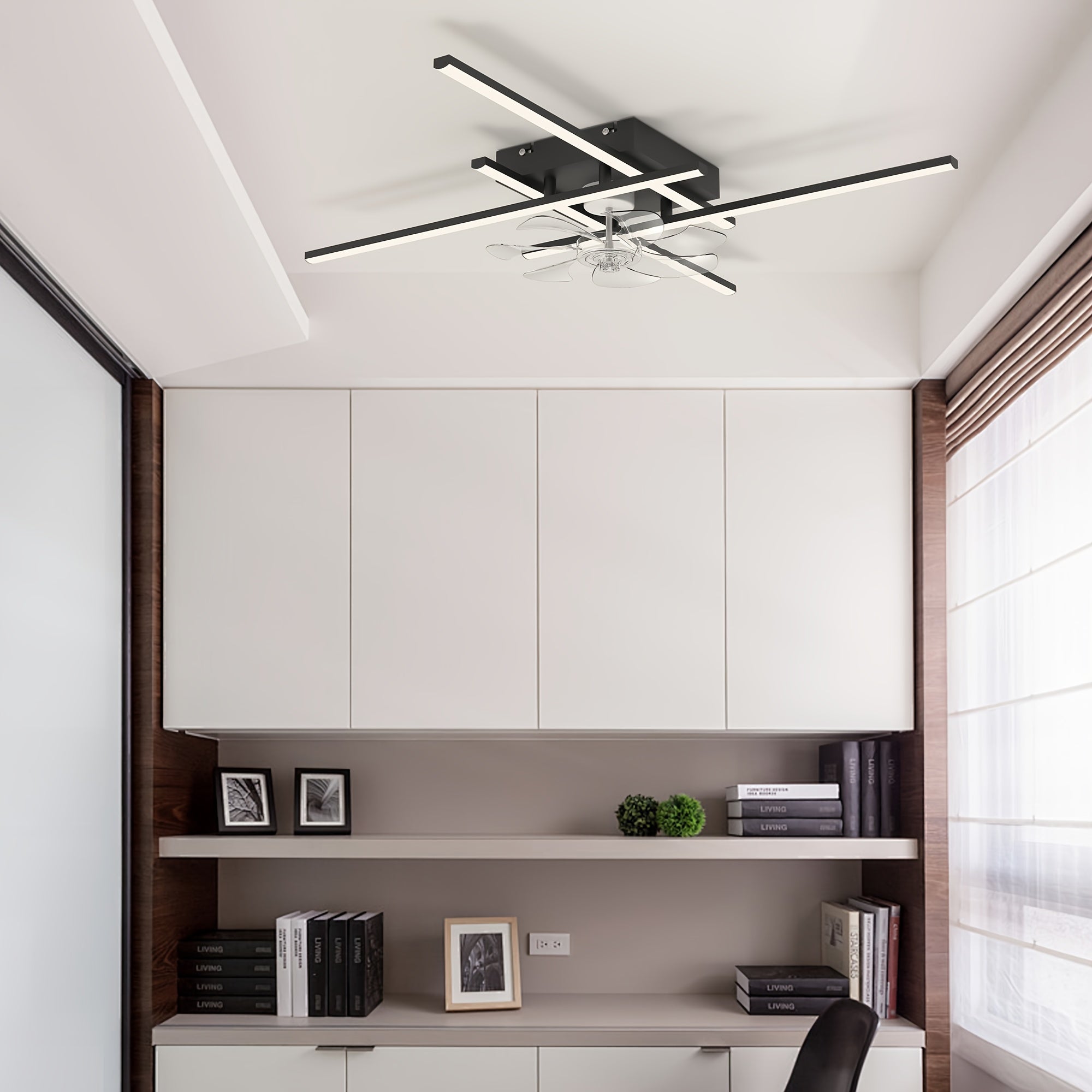 Modern LED Ceiling Fan with Light and Remote Control, Black Sputnik Semi-Flush Mount Ceiling Fan, Modern Chandelier Lighting Fixture for Bedroom Living Room Dining Room Kitchen Office