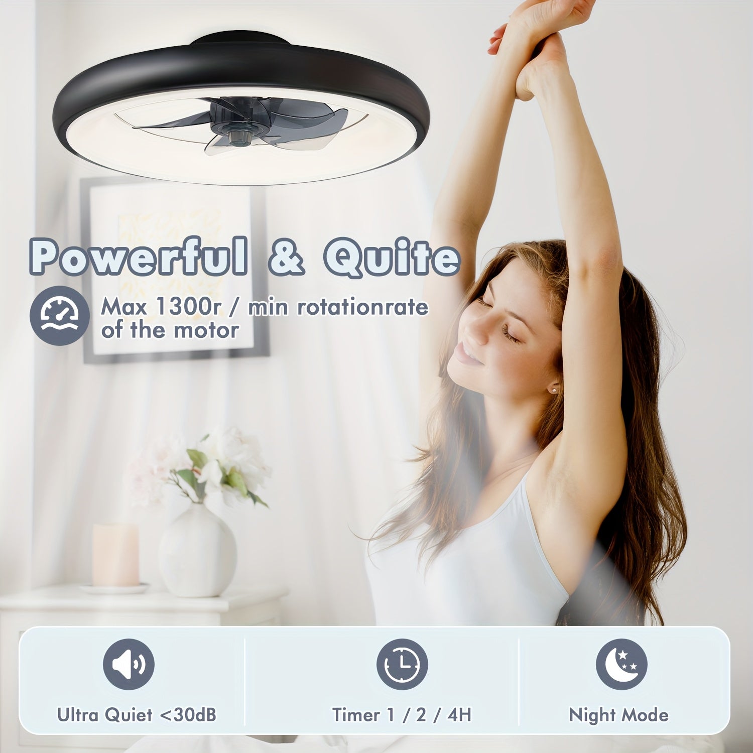 Low Profile Remote Control Ceiling Fan with Light, 20 Inch Flush Mount, 3000K-6500K Smart Bladeless LED Fan Light, Black Modern Ceiling Fan for Bedroom