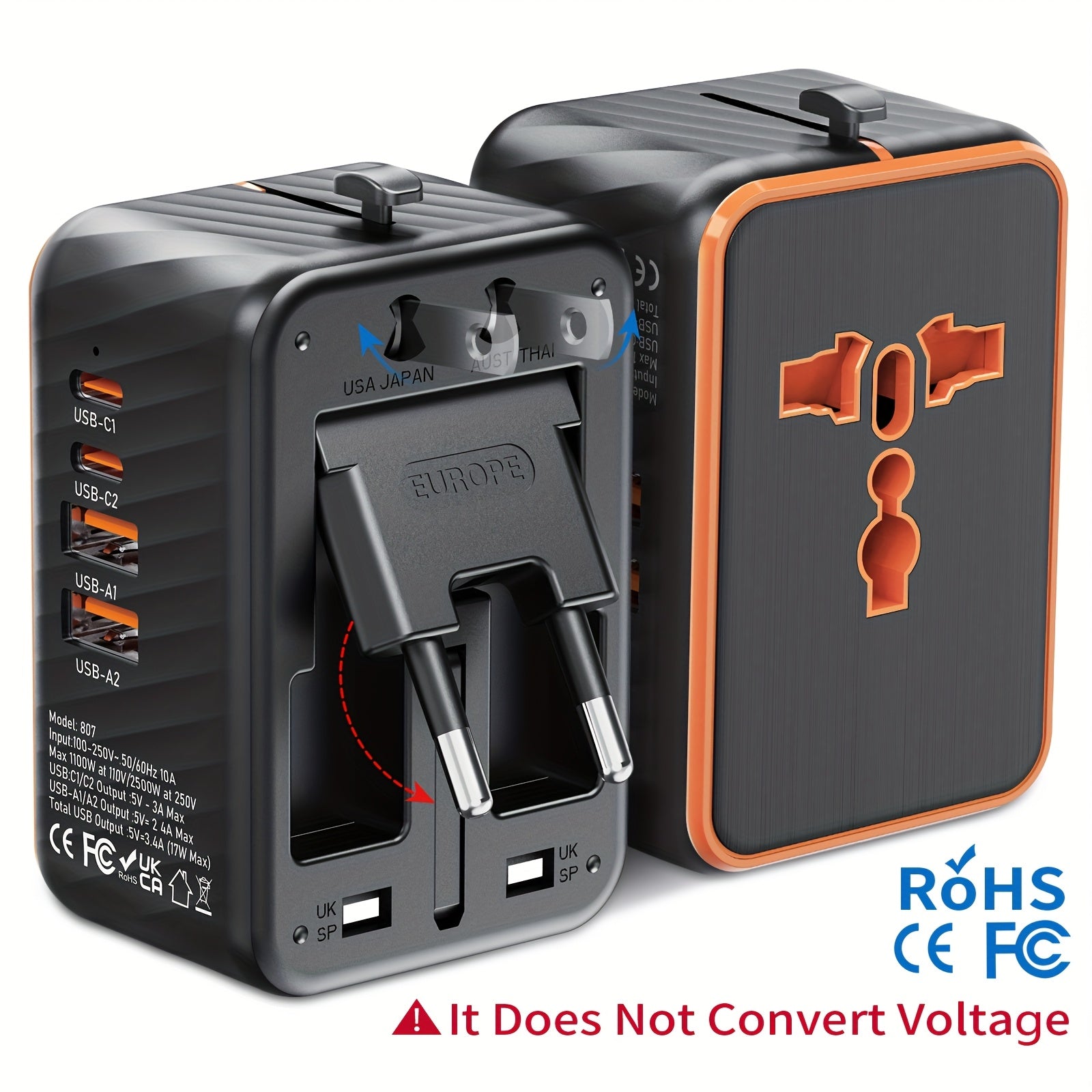 5-In-1 Universal Travel Adapter Featuring 2 USB-C And 2 USB-A Ports, Supporting PD And QC 3.0 Fast Charging. This International Power Plug Converter Is Suitable for Use in The US, EU, UK, AU, And Asia