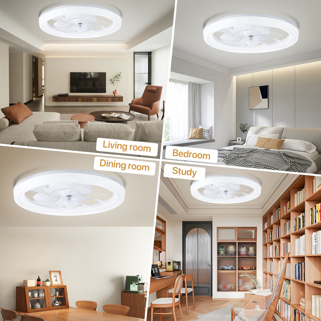 Remote Control Ceiling Fan with Light, 20 Inch Flush Mount Bladeless Ceiling Fan, 3000K-6500K Stepless Dimmable LED Light, 6 Wind Speed Levels, Modern Style Fan Light, for Bedroom, Kitchen, Living Room