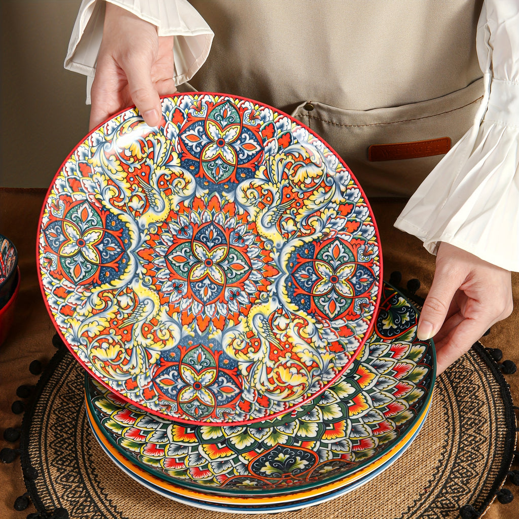 10.5-Inch Ceramic Plates, Home & Restaurant Ceramic Dinnerware – Perfect for Steak, Pasta, Fruit, Bread – Bohemian Style Ceramic Dinnerware Set – Microwave & Oven Safe