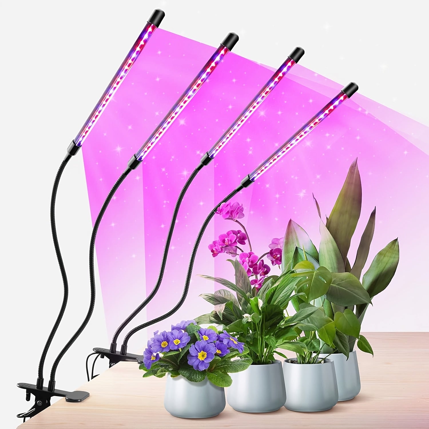 Dual-head round tube clip-on indoor plant grow light, three-color dimming (white/red/blue), with 3/9/12 hour timer function, allowing plants to enjoy sunlight indoors at night as well. Ideal birthday gift for gardening enthusiasts