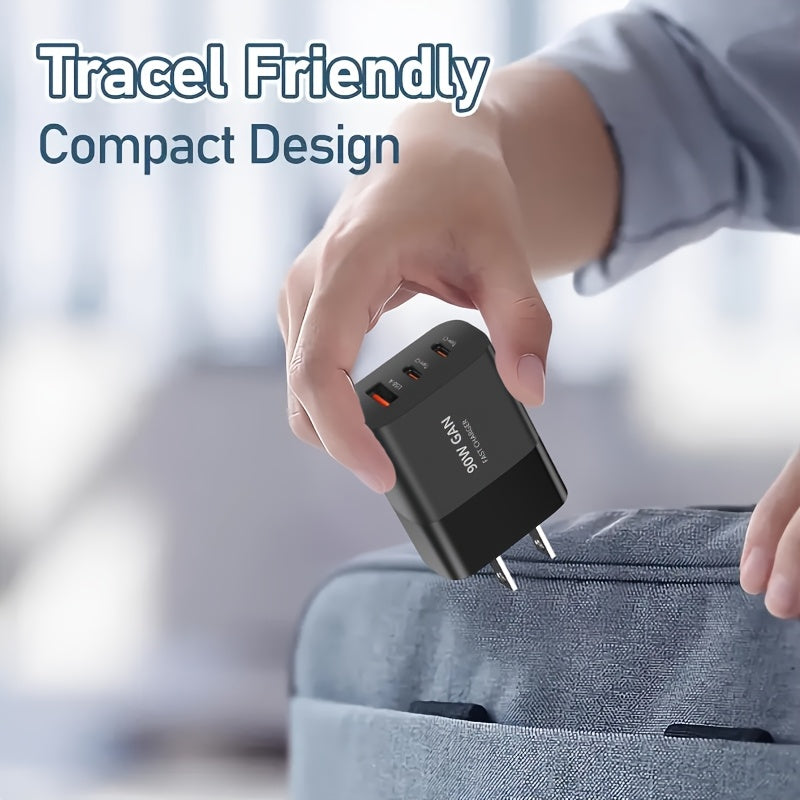 90W 3-port Fast Charging USB-C Charger, American Plug, Portable Charging Set