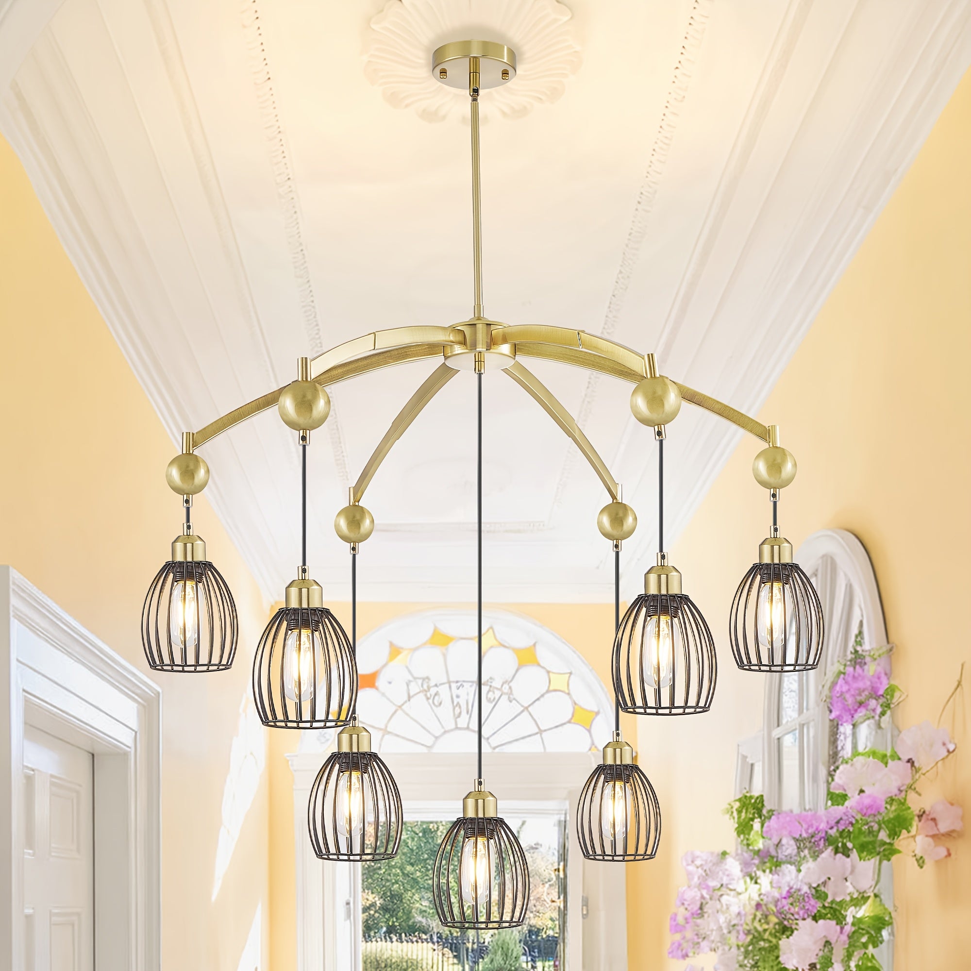 Adjustable farmhouse style pendant light, industrial metal cage ceiling light fixture