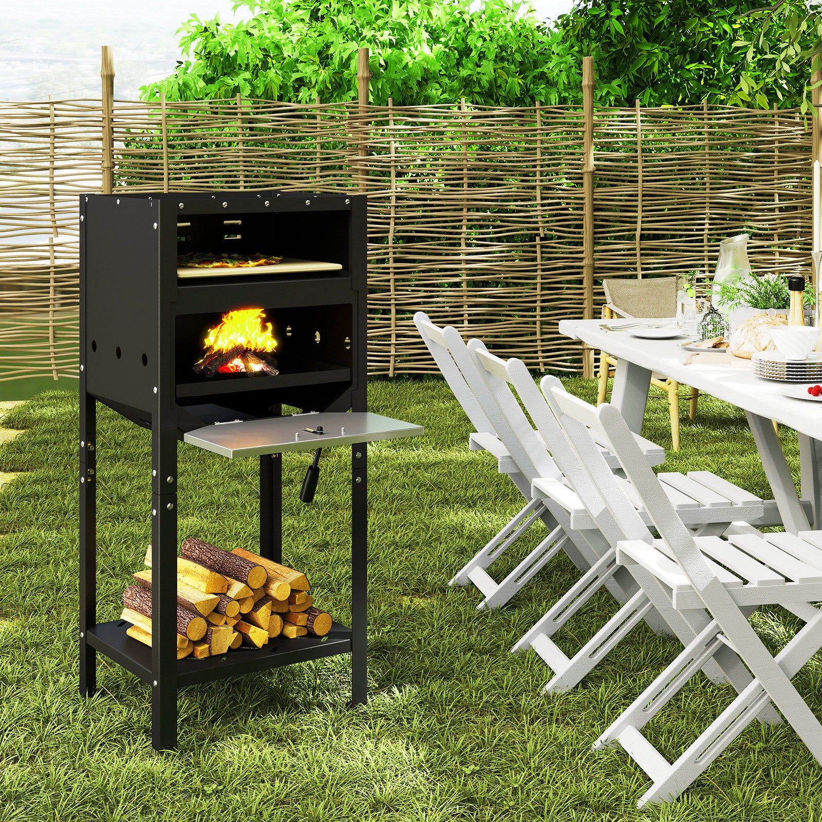 COSTWAY 12-Inch Outdoor Pizza Oven, Freestanding Wood-Fired Pizza Stove with Ash Tray, Wood Storage Area, Pizza Stone, Pizza Peel & Oxford Cloth Cover, Multi-Fuel Pizza Maker for Patio, Backyard, Camping & BBQ