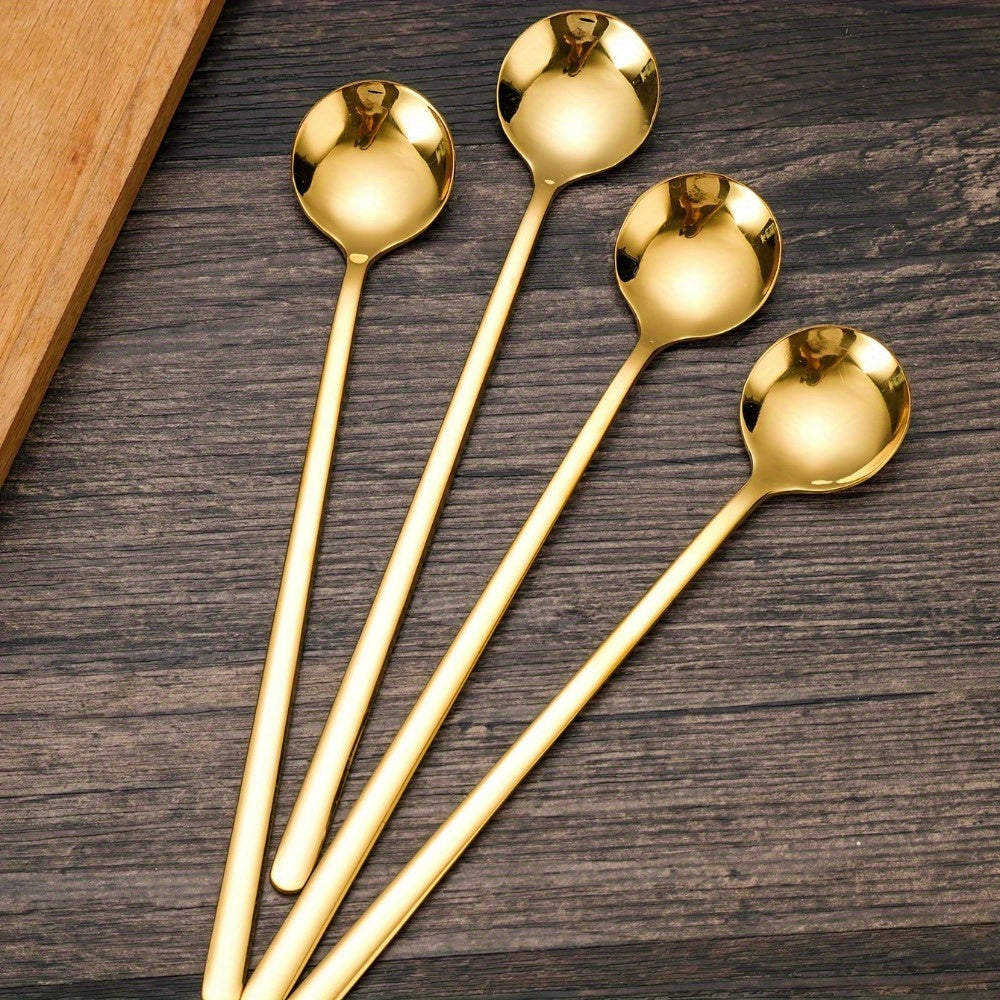 8-Piece Stainless Steel Long Handle Spoons Set - Gold Coffee Stirring Spoons & Tea Spoons, Elegant Home & Kitchen Utensils