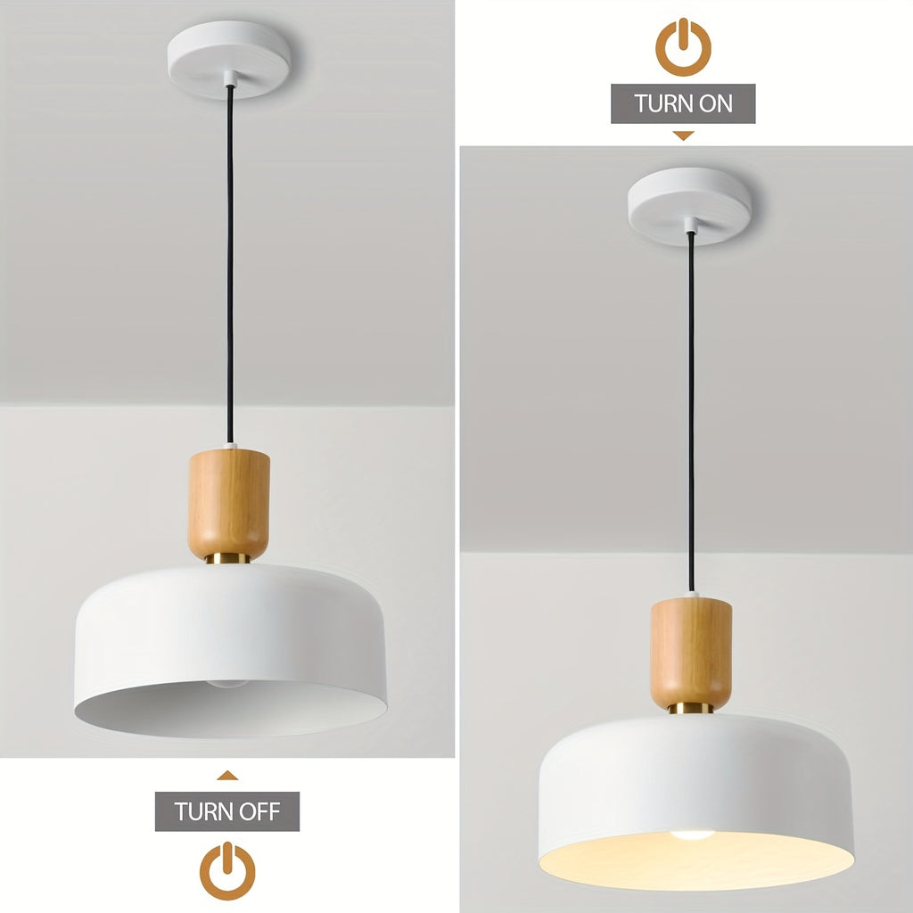 Nordic modern wood metal decorative pendant light - suitable for dining room, kitchen island, sloped ceiling, height adjustable, 12-inch diameter black and white drum lampshade (bulb not included)