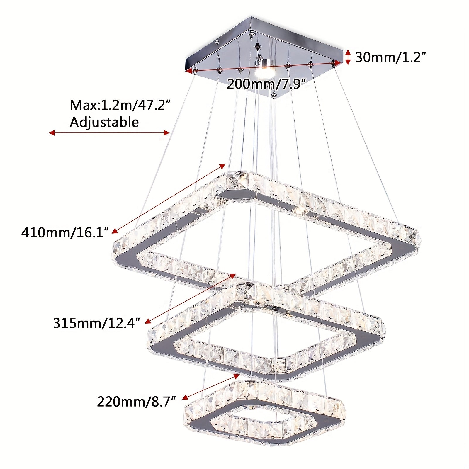Elegant modern crystal chandelier, square design, three-ring structure, height adjustable, suitable for bedroom