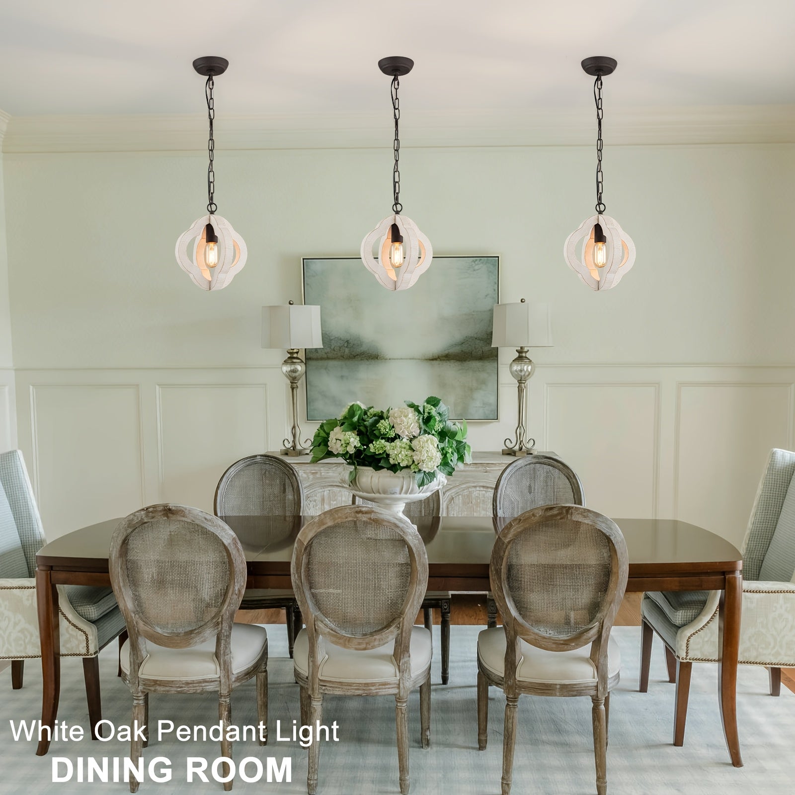 9.84-Inch Modern Farmhouse Style Wood Pendant Light, Distressed White Oak Finish with Adjustable Chain – Semi-Flush Mount Ceiling Hanging Fixture, Suitable for Kitchen Island, Dining Room, Entryway, Foyer