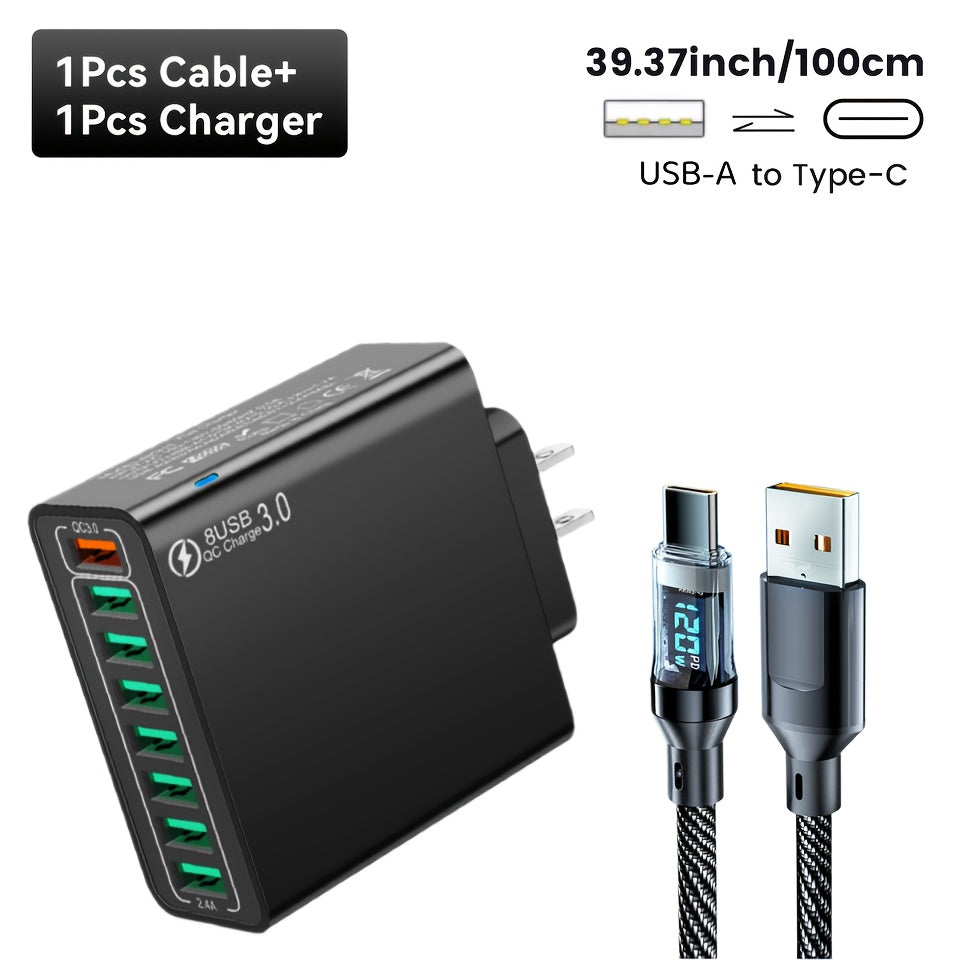 8-Port USB Charger with Quick Charge Fast Charging US Plug, 3-Phase AC Charging for Mobile Phones, Tablets, And Smartphones. Compact Design, Efficient Charger for Devices, Modern Charging Technology, Versatile Wall Charger