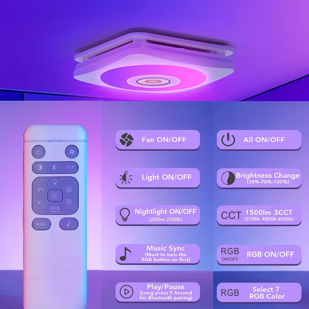 Modern Smart Bathroom Fan with Wireless Speaker & Remote Control - Ultra Quiet Dual Speed 110/160 CFM, 1500LM 3-Color Dimmable LED Light (2700K/4000K/6500K), Music Sync RGB Ambient Light