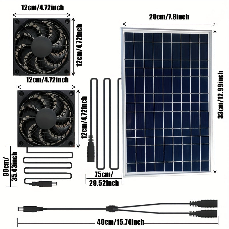 High-Efficiency Solar & Wind Powered Dual Fan Set for Material Handling Industrial Plants, Black, Window Exhaust Duct, Outdoor Air Circulation, Solar Powered, Eco-Friendly, Greenhouse Ventilation, Shed Cooling