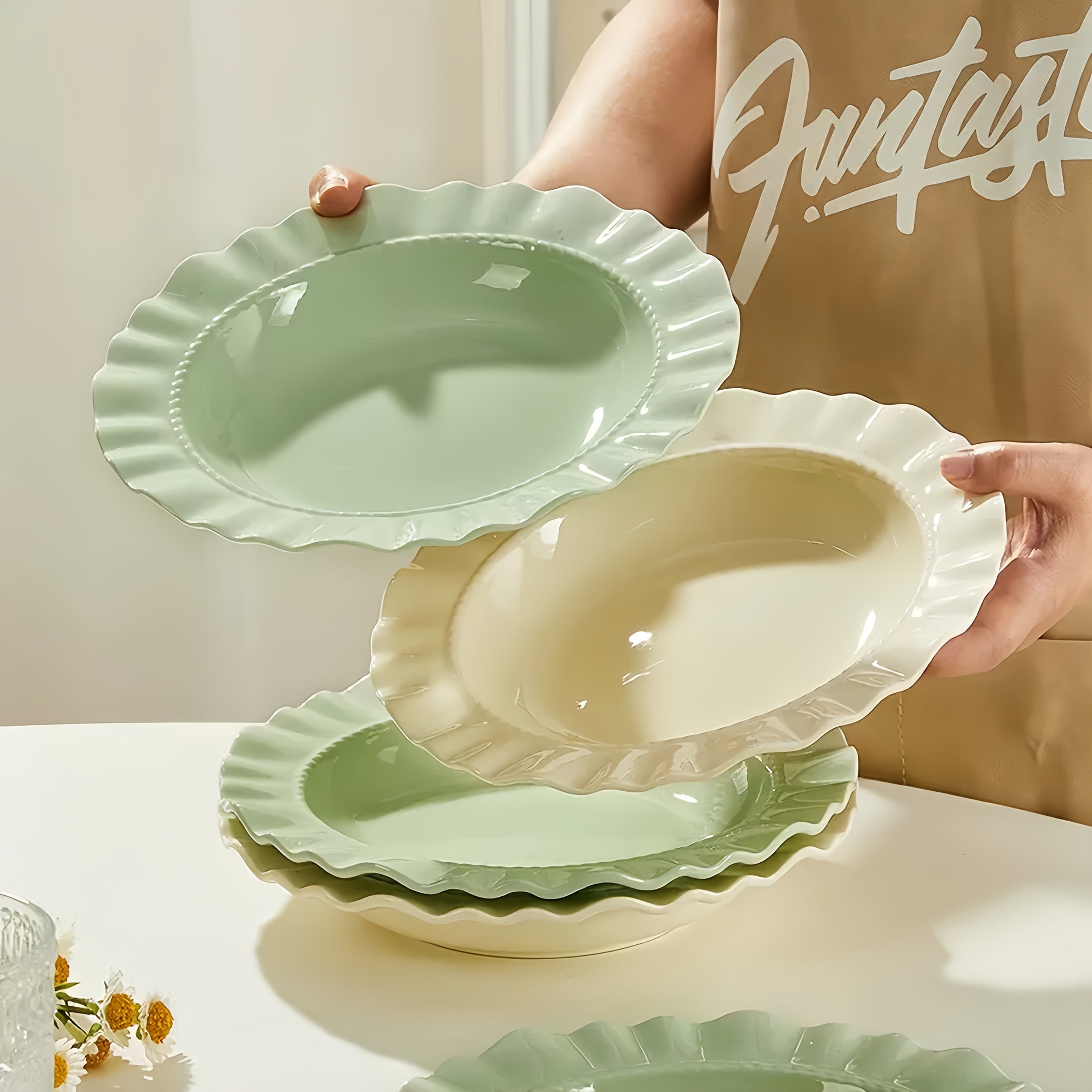 Cream-Style French Lace Western Dinner Plate, Reusable PP Plastic Home Tableware, Serving Plate, Soup Plate, Deep Plate & Bowl Set – Perfect for Cold Dishes, Deli, Desserts, Party Food, Stackable Storage