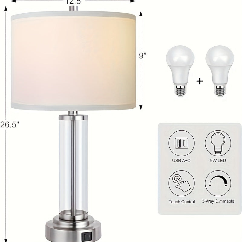 Touch control USB-C+A table lamp set for bedroom (2 pieces), 3-level dimmable modern bedside night light with cream fabric shade, reading bulb included