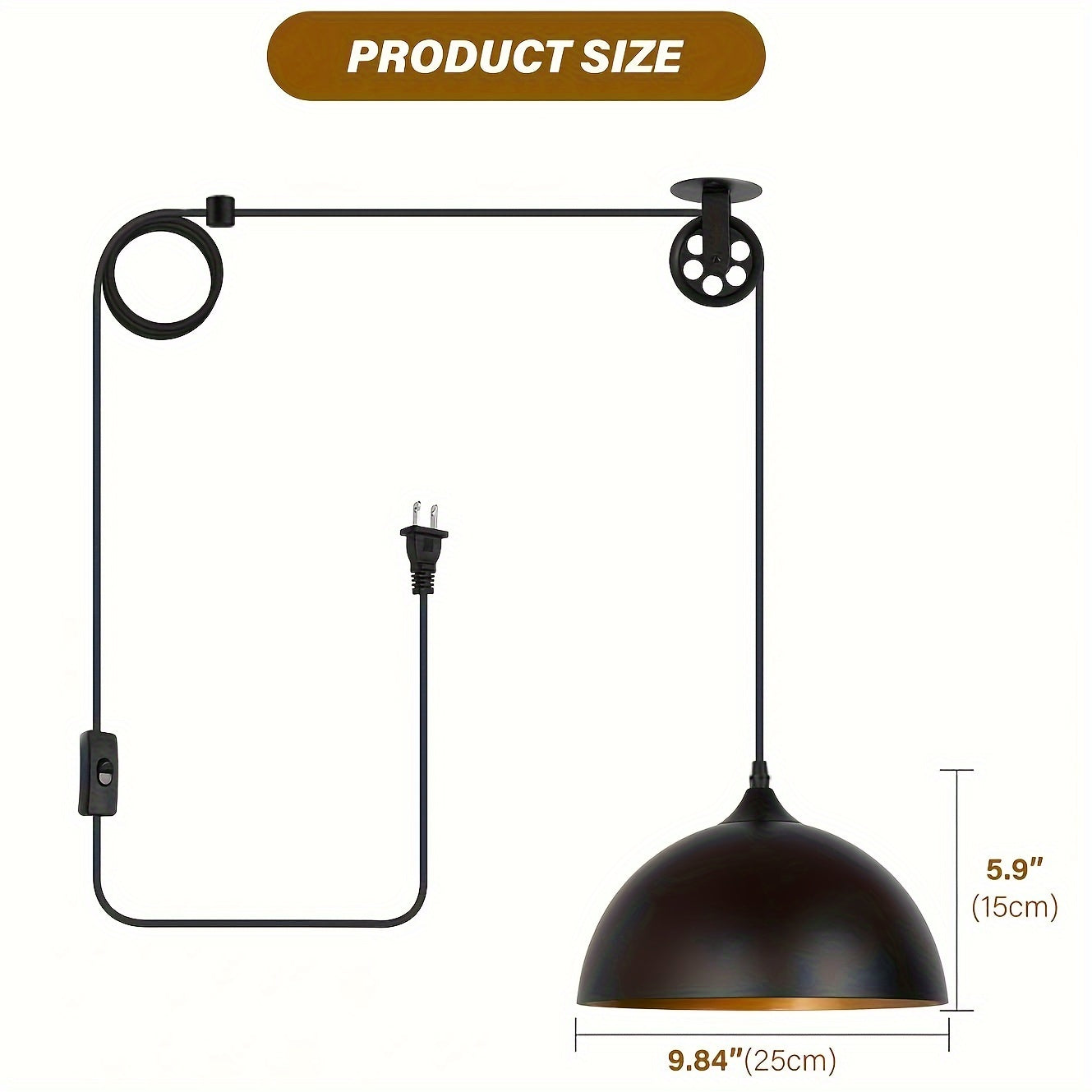 2-pack modern black and brass dome pendant light, 19.4ft cord with on/off switch, vintage metal barn pendant lamp shade, semi-flush mount installation, detachable pendant light