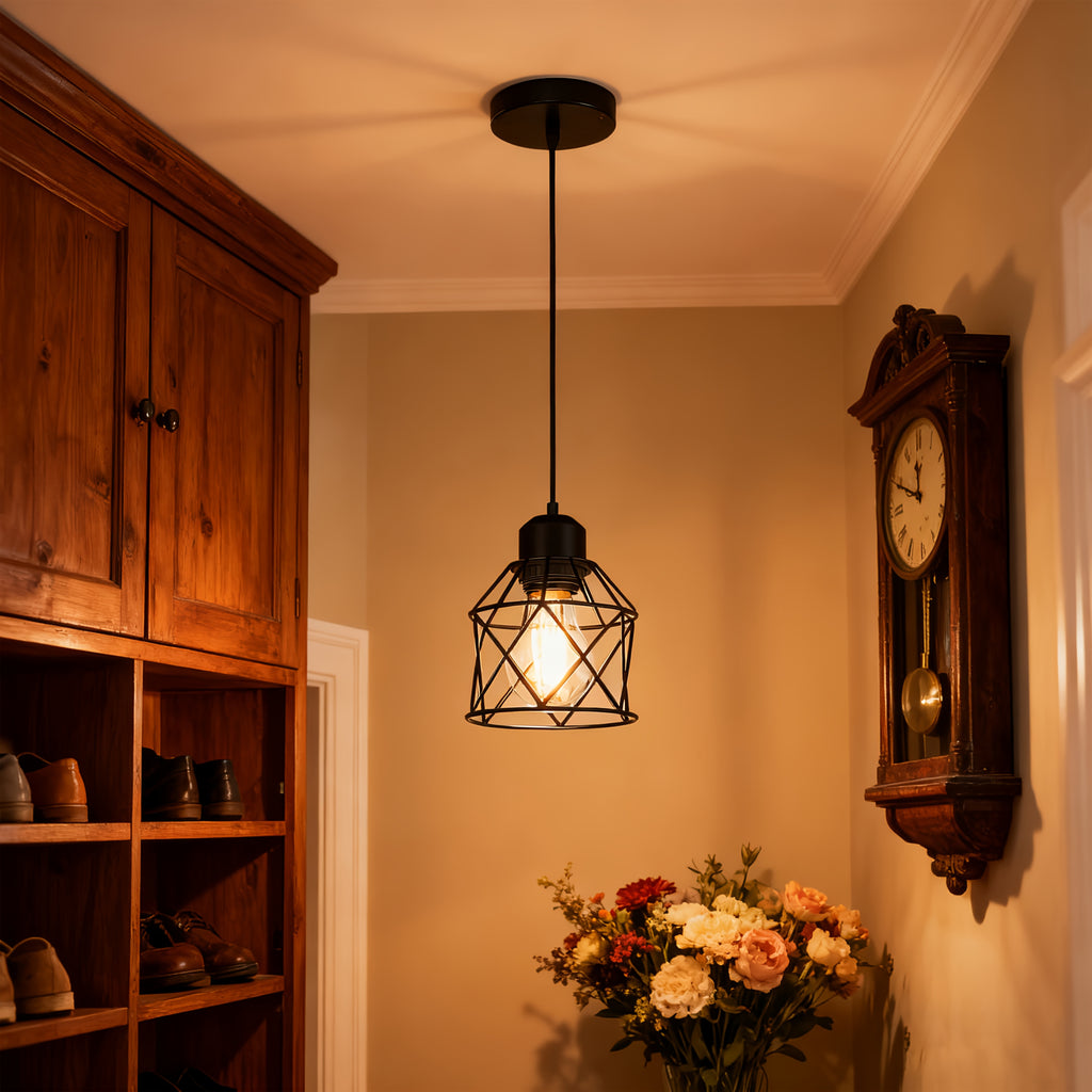 Vintage industrial pendant light chandelier - height adjustable, black metal basket, modern semi-flush mount pendant light for kitchen, dining room, bar decoration, hardwired, 85-265V, includes mounting hardware, kitchen lighting, bulb not included