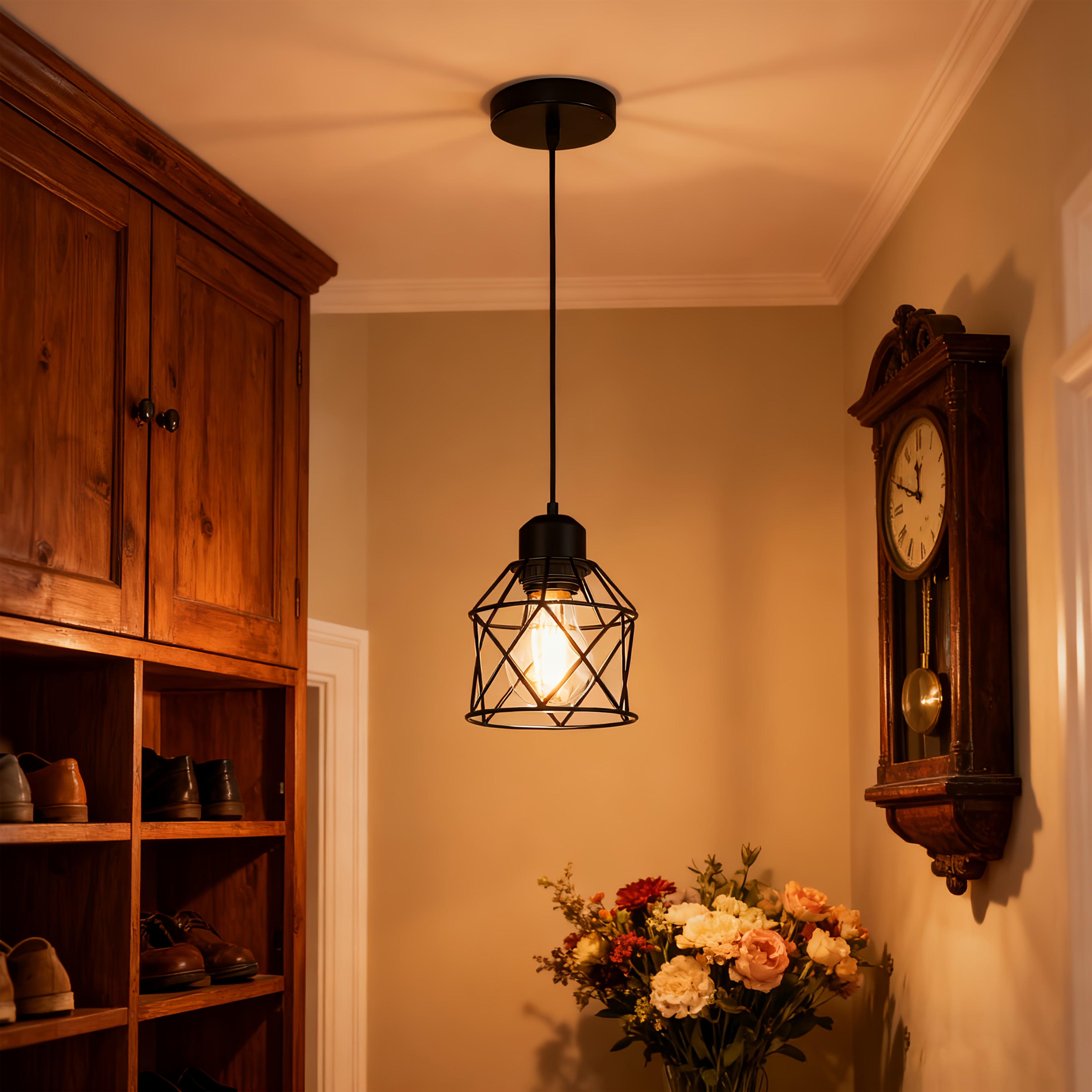 Vintage industrial pendant light chandelier - height adjustable, black metal basket, modern semi-flush mount pendant light for kitchen, dining room, bar decoration, hardwired, 85-265V, includes mounting hardware, kitchen lighting, bulb not included