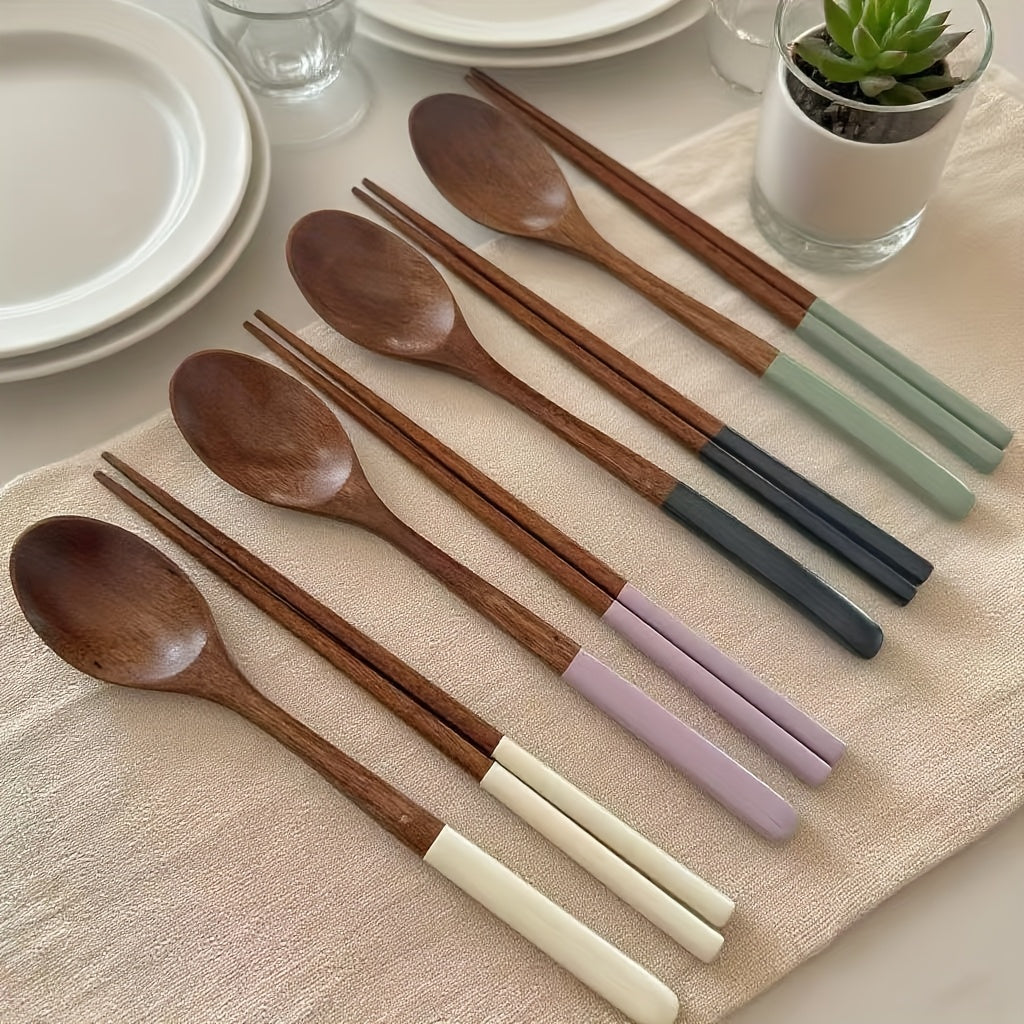 4-Piece Japanese Macaron Color Series Wooden Long Handle Colored Spoon & Chopstick Set – Handmade Reusable Cutlery Set – Essential for Christmas, Halloween, Easter Holidays – Durable Home Tableware Necessity – Perfect for Kitchen & Dining Room/