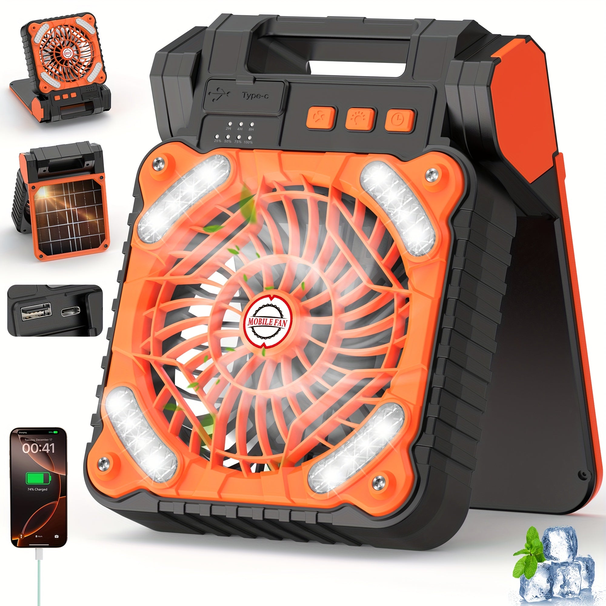 New Portable Solar USB Rechargeable Outdoor LED Fan Light, Foldable Camping Desktop Fan Lamp