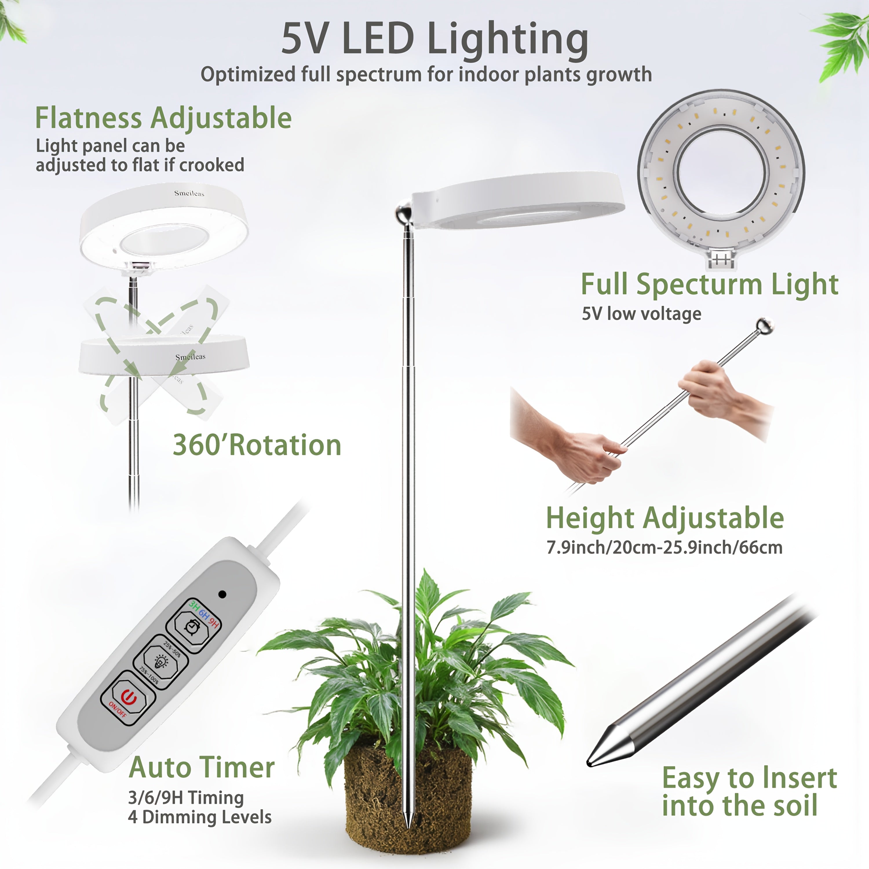 2-Pack Modern Full Spectrum Indoor Grow Light, 720° Rotatable Magnetic Lamp Head, 3/6/9H Auto Timer, 4 Dimmable Levels, Height Adjustable, Ideal for Small Indoor Potted Plants & Gardening Enthusiasts