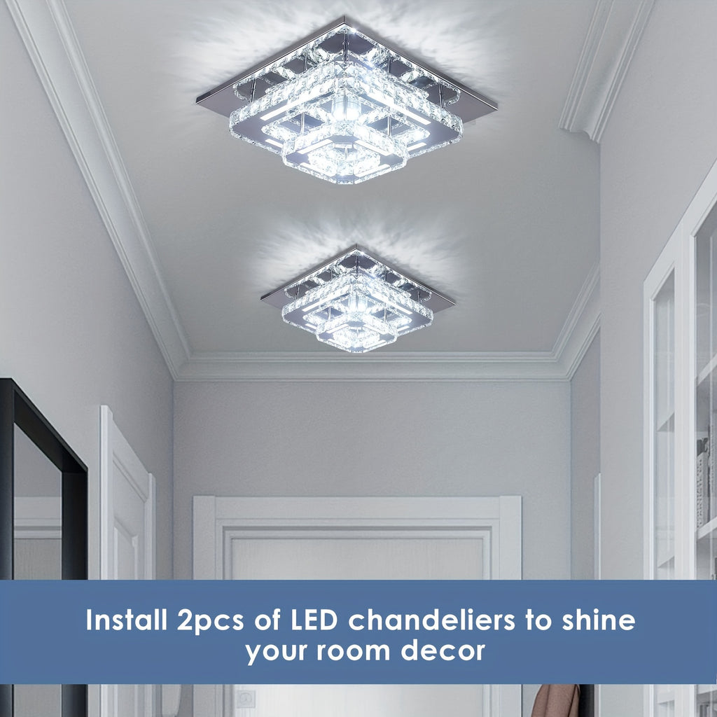 Modern Crystal Chandelier Dimmable Square Ceiling Light - Crystal & Polished Metal Semi-Flush Mount Fixture, Cool White Light Suitable for Bedroom, Living Room, Hallway, Bathroom (Bulb Not Included) - Luxury Crystal Ceiling Light