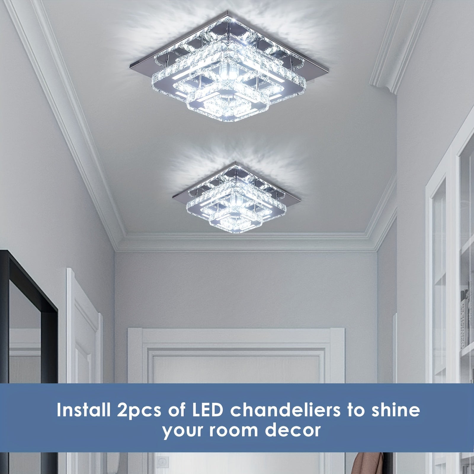 Modern Crystal Chandelier Dimmable Square Ceiling Light - Crystal & Polished Metal Semi-Flush Mount Fixture, Cool White Light Suitable for Bedroom, Living Room, Hallway, Bathroom (Bulb Not Included) - Luxury Crystal Ceiling Light