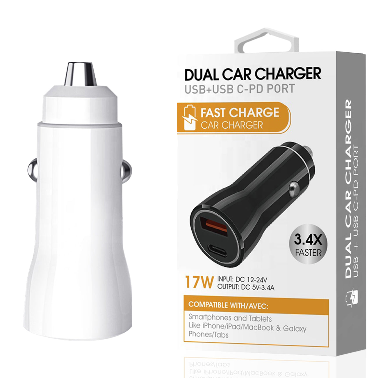 Reiko 5V 3.1A USB C port Car charger In White