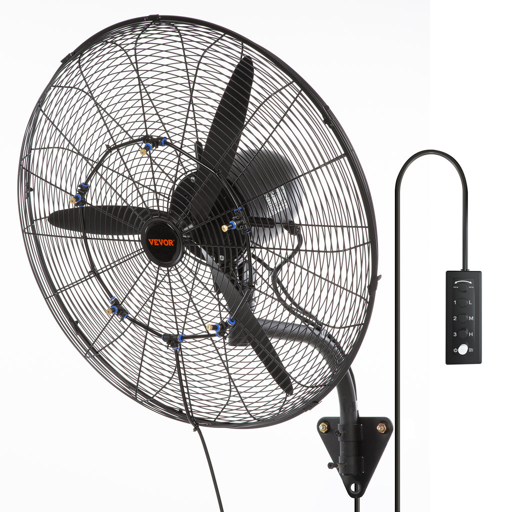 VEVOR Wall-Mount Misting Fan, 24"/30", 3-Speed High Velocity Max 7000 CFM / 9500 CFM, Waterproof Oscillating Industrial Wall Fan, Commercial/Residential for Warehouse, Greenhouse, Workshop, Black, ETL Listed